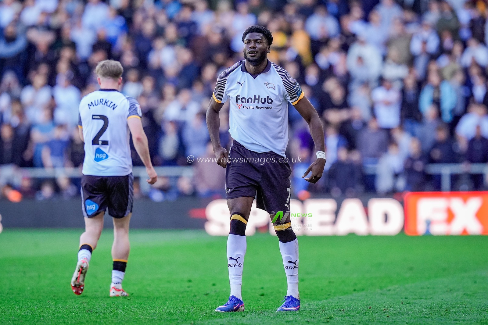 Patrick Agyemang of Derby County goes down during the Sky Bet Championship match Derby County vs Stoke City at Pride Park Stadium, Derby, United Kingdom on 06 April 2026

(Photo by Maynard Manyowa/News Images)