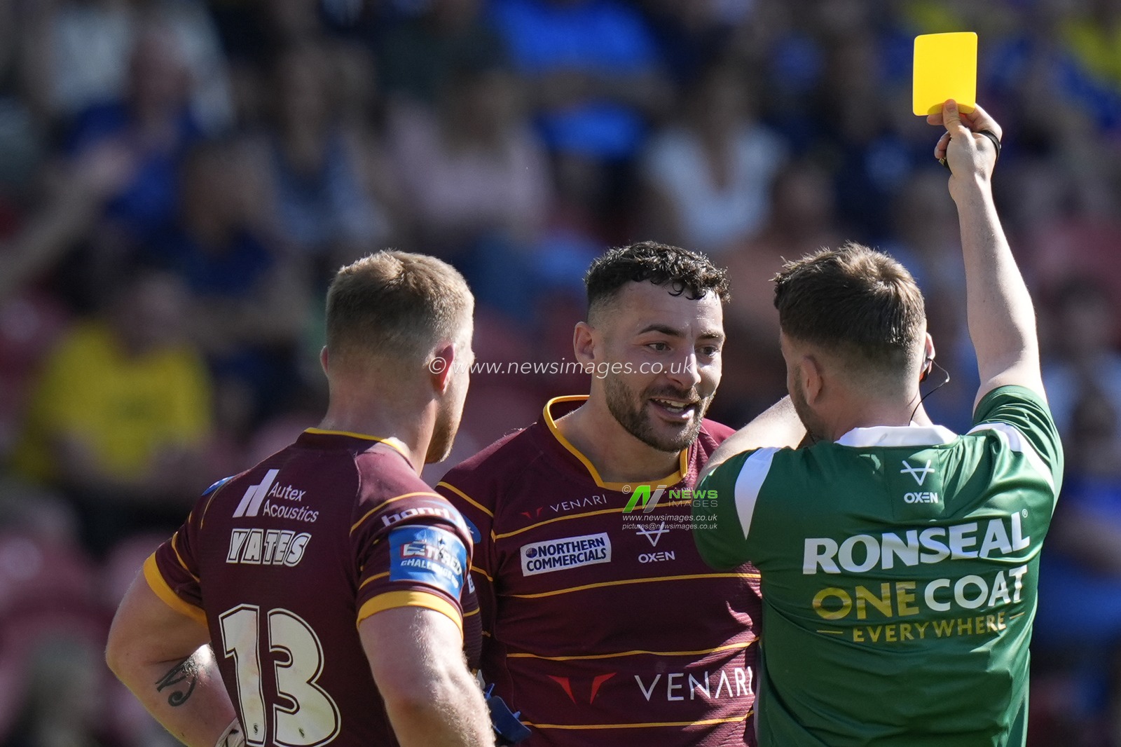 Referee Liam Moore shows a yellow card to Jake Connor of Huddersfield Giants during the Betfred Challenge Cup Semi-Final match Huddersfield Giants vs Warrington Wolves at Totally Wicked Stadium, St Helens, United Kingdom, 19th May 2024

(Photo by Steve Flynn/News Images)