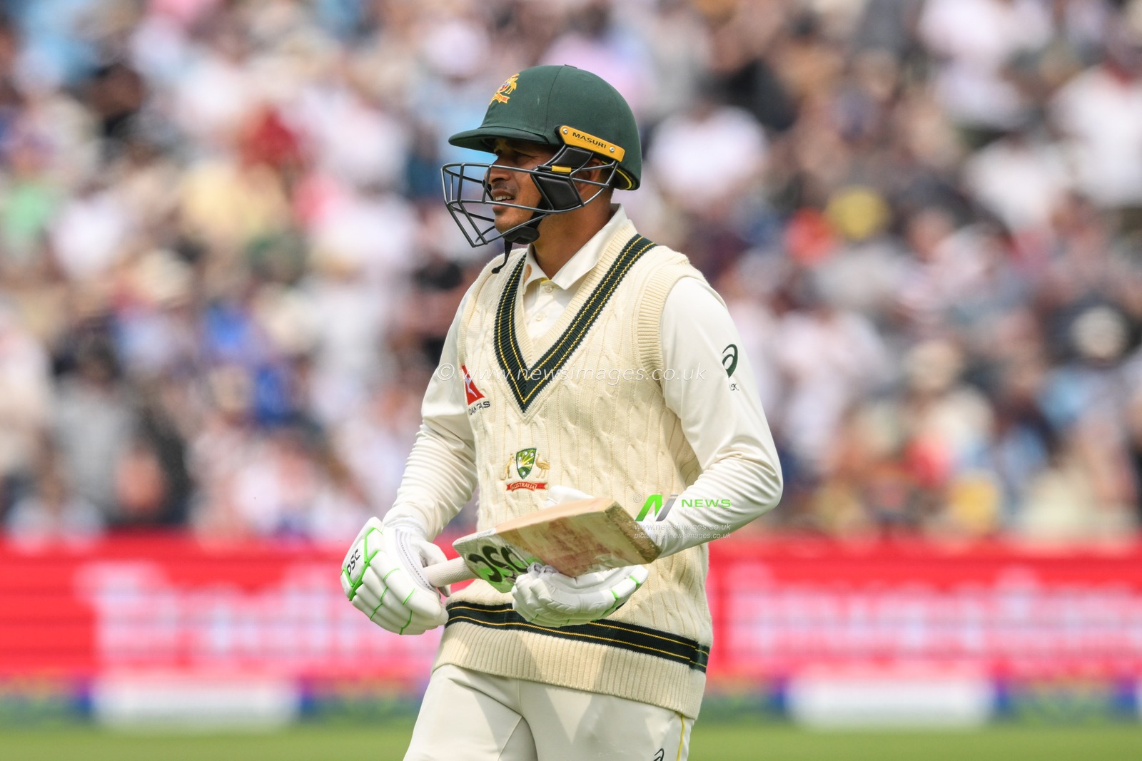 Usman Khawaja of Australia  leaves the field after being bowled by Ollie Robinson of England during the LV= Insurance Ashes First Test Series Day 3 England v Australia at Edgbaston, Birmingham, United Kingdom, 18th June 2023

(Photo by Craig Thomas/News Images)