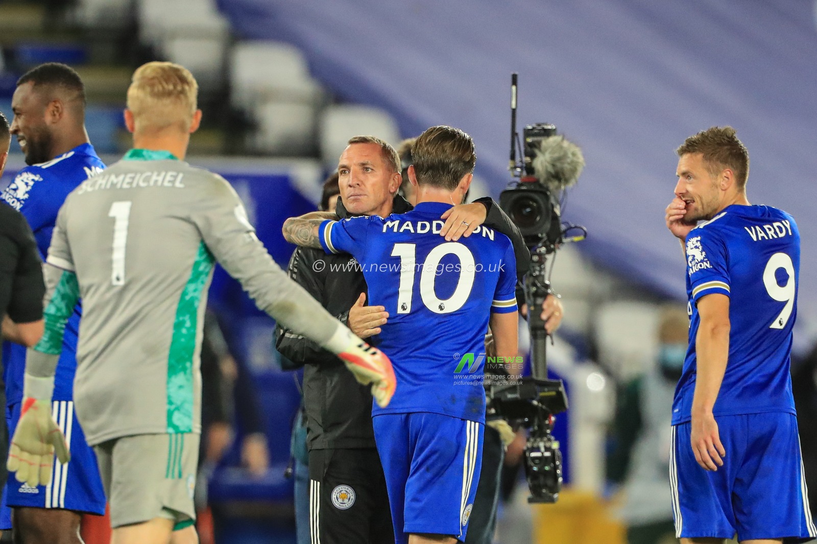 Brendan Rodgers manager of Leicester City congratulates James Maddison (10) of Leicester City on their 4-2 win over Burnley