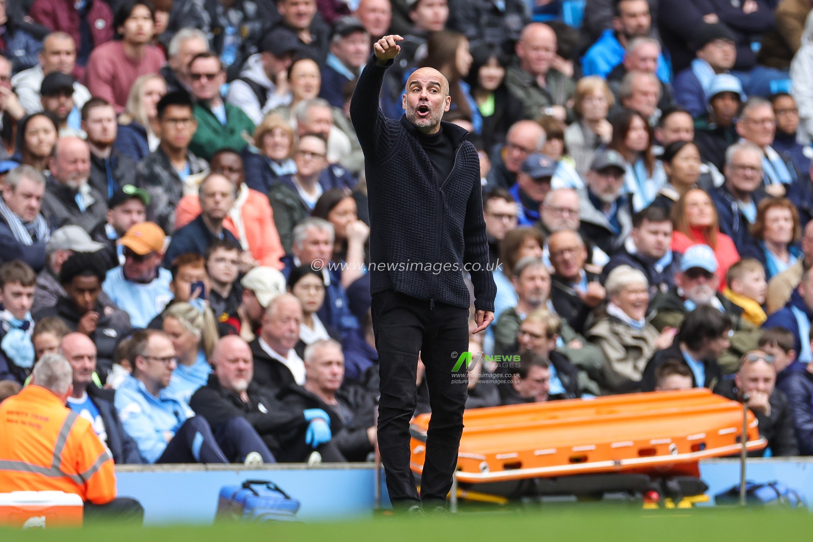 Pep Guardiola Manager of Manchester City gives his team instructions during the Premier League match Manchester City vs Leeds United at Etihad Stadium, Manchester, United Kingdom, 6th May 2023

(Photo by Mark Cosgrove/News Images)