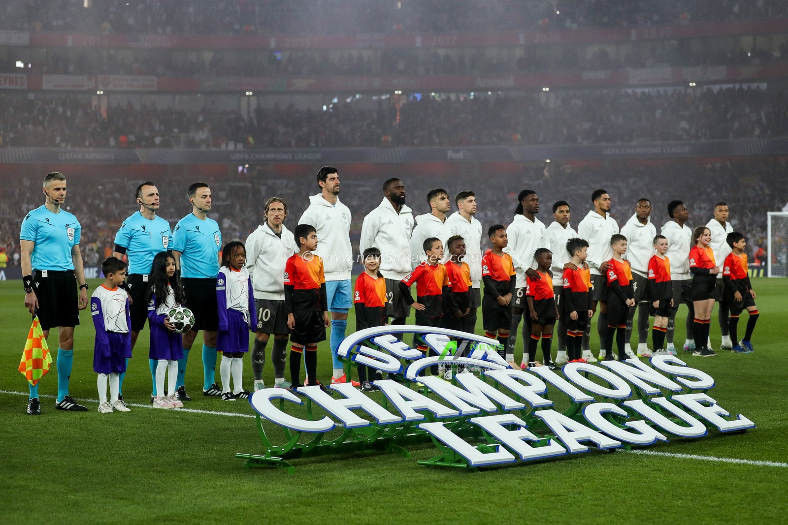 The Officials and Real Madrid line up prior to the UEFA Champions League Quarter-finals match Arsenal vs Real Madrid at Emirates Stadium, London, United Kingdom, 8th April 2025

(Photo by Izzy Poles/News Images)