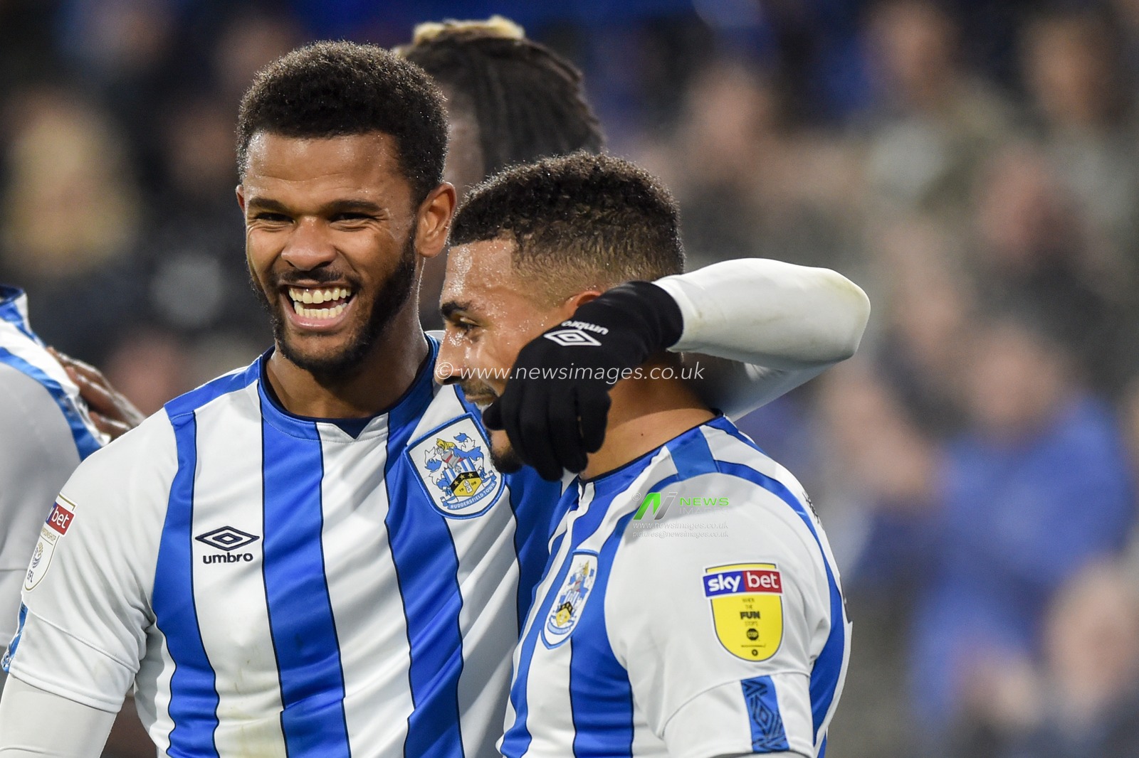 26th November 2019, John Smith's Stadium, Huddersfield, England; Sky Bet Championship, Huddersfield Town v Swansea City : , Fraizer Campbell and Karlan Grant (16) of Huddersfield Town celebrates scoring the equalising goal to make it 1-1 at half time.

Credit: Dean Williams/News Images