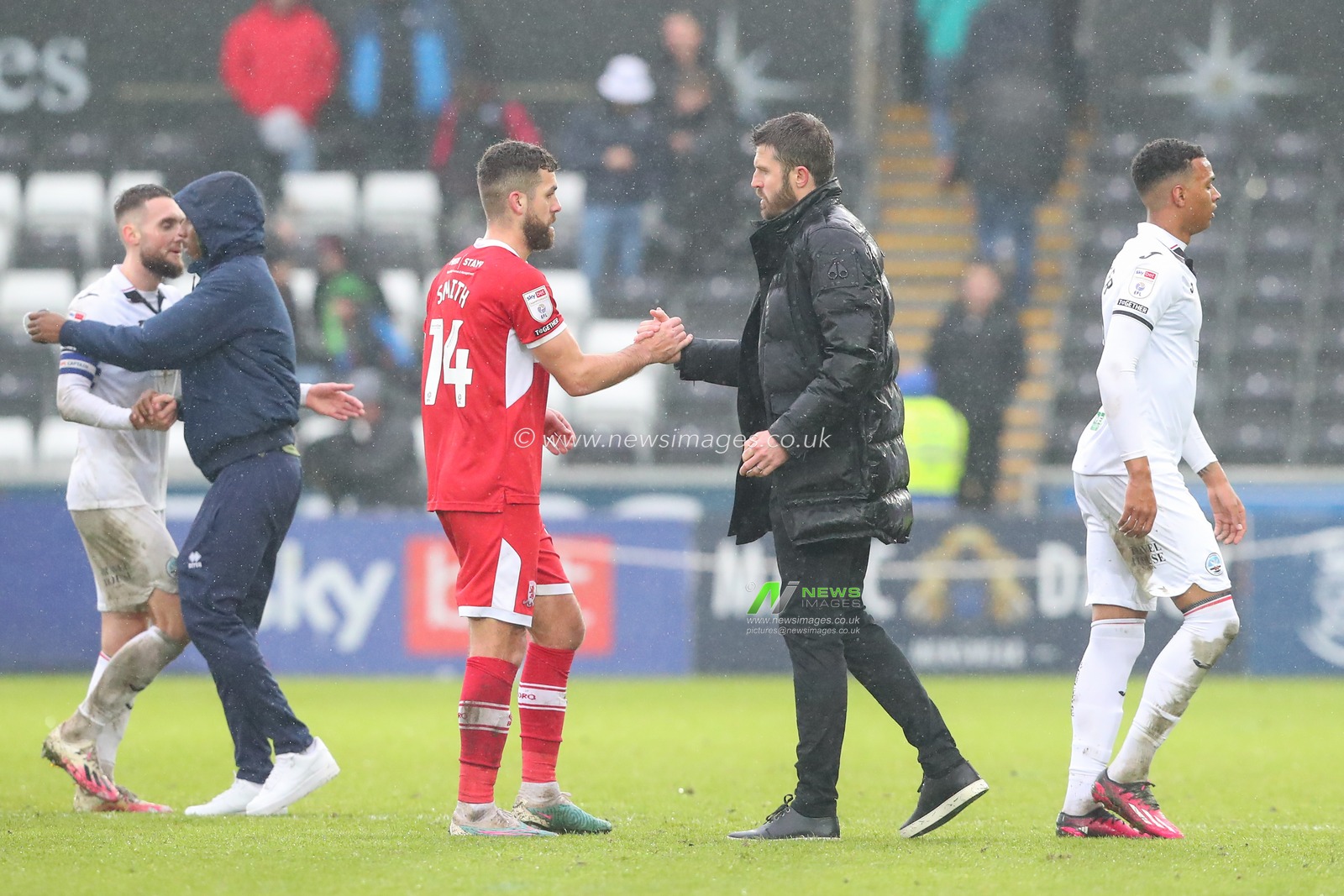 Tommy Smith #14 of Middlesbrough and Michael Carrick Manager of Middlesbrough celebrate their teams win after the Sky Bet Championship match Swansea City vs Middlesbrough at Swansea.com Stadium, Swansea, United Kingdom, 11th March 2023

(Photo by Gareth Evans/News Images)