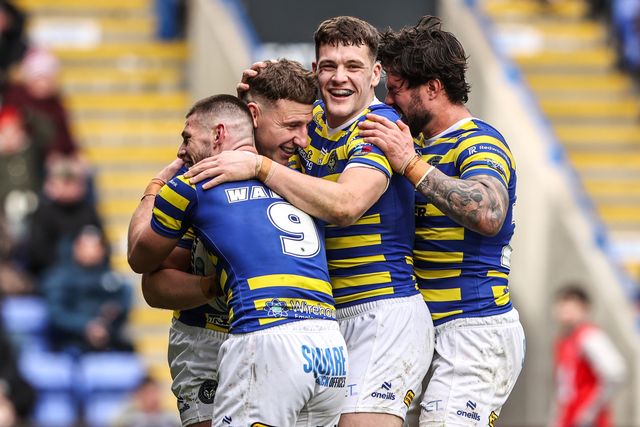 George Williams of Warrington Wolves celebrates his try during the Betfred Super League round 7 match Warrington Wolves vs Leigh Leopards at The Halliwell Jones Stadium, Warrington, United Kingdom on 04 April 2026

(Photo by Alfie Cosgrove/News Images)