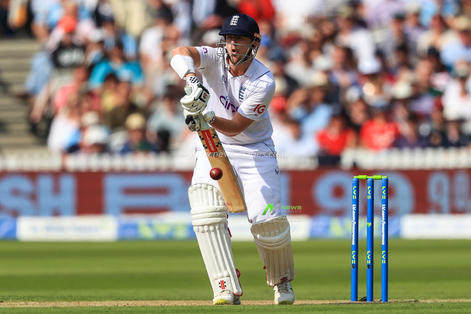 Alex Lees of England plays a defensive shot