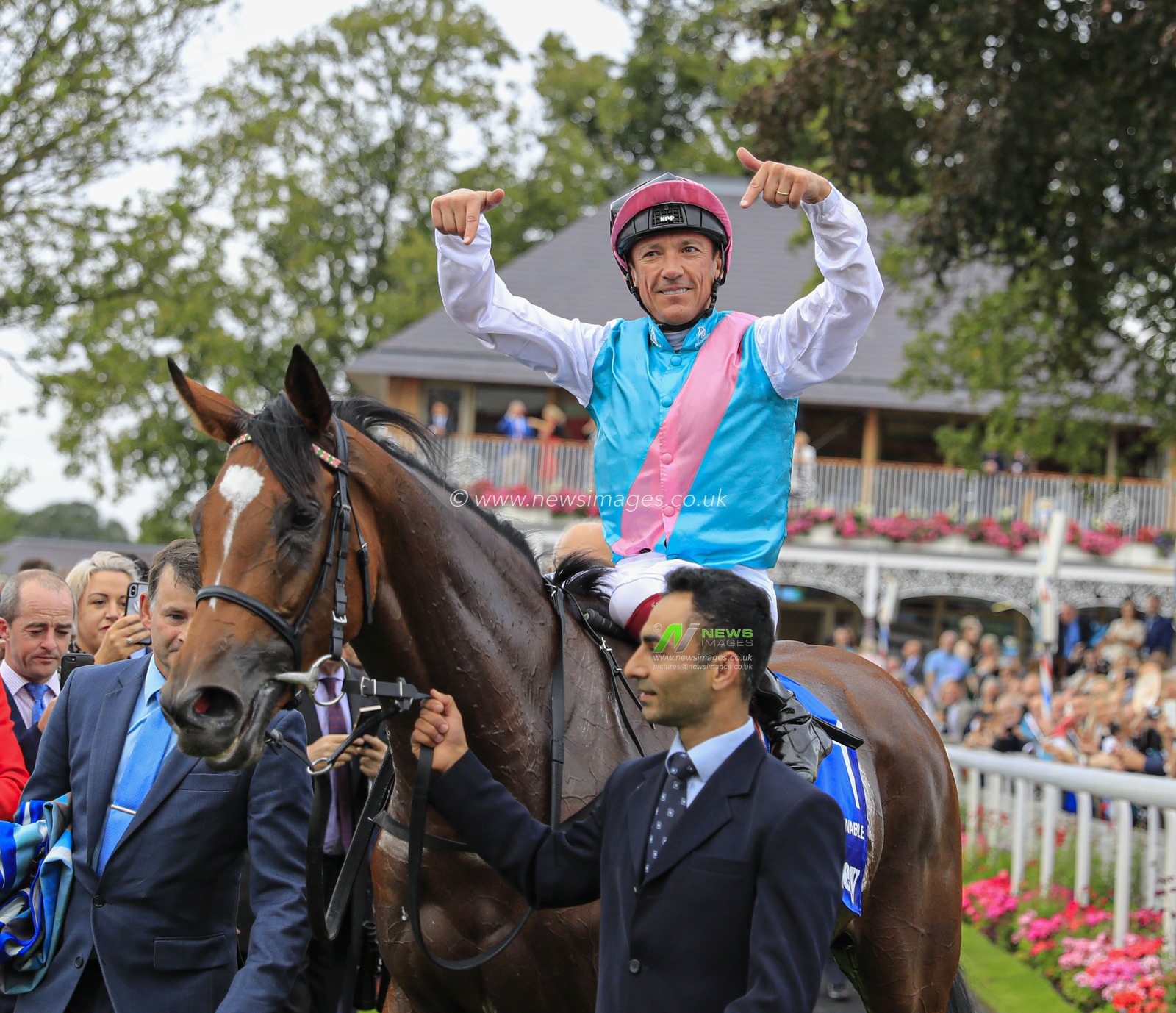 22nd August 2019 , York Racecourse, York, Great Britain; 2019 Darley Yorkshire Oaks/Ladies Day ; Frankie Dettori enters the winners enclosure on Enable after winning the Darley Yorkshire Oaks

Credit Conor Molloy/News Images