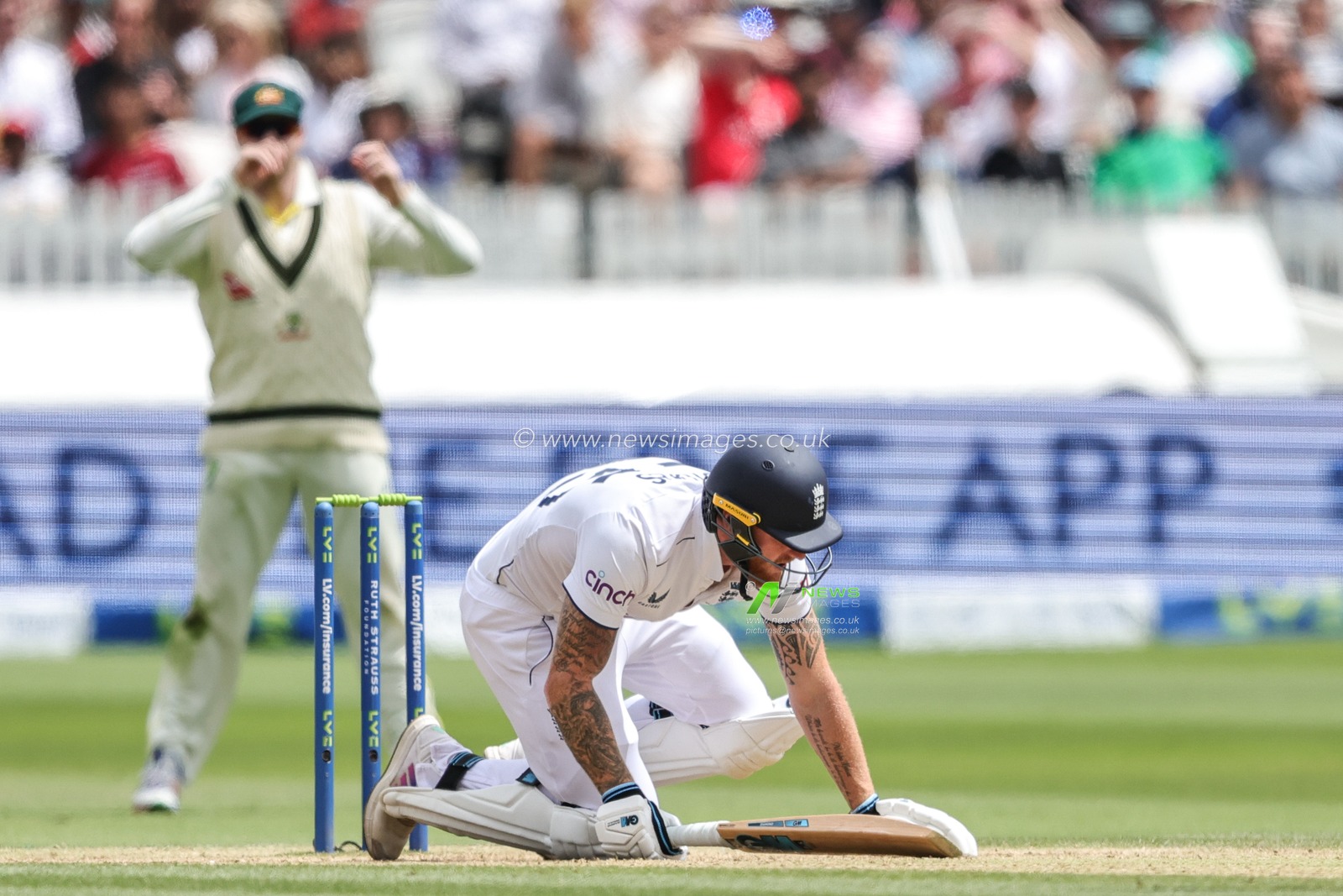Ben Stokes of England  takes a ball to the elbow after being hit with the ball by Pat Cummings of Australia during the LV= Insurance Ashes Test Series Second Test Day 5 England v Australia at Lords, London, United Kingdom, 2nd July 2023

(Photo by Mark Cosgrove/News Images)