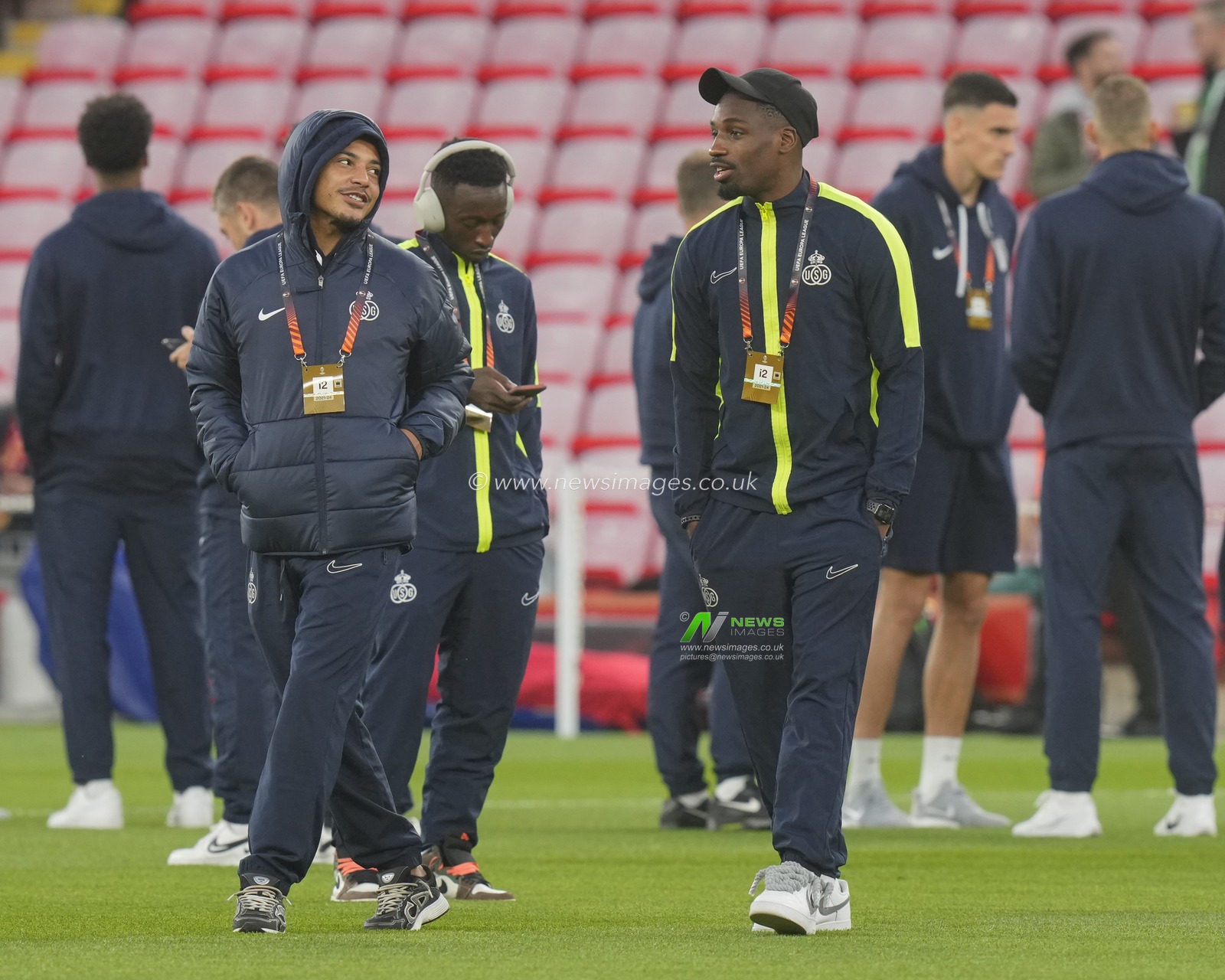 Union Saint-Gilloise players inspect the pitch before the UEFA Europa League match Liverpool vs Union Saint-Gilloise at Anfield, Liverpool, United Kingdom, 5th October 2023

(Photo by Steve Flynn/News Images)
