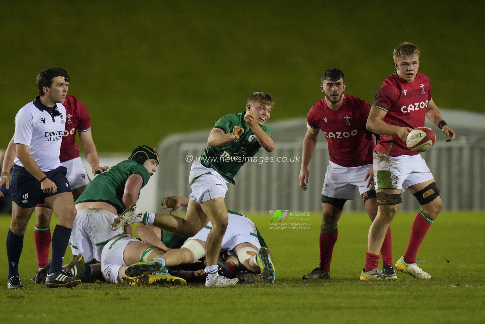 Fintan Gunne #9 of Ireland U20's passes from a ruck during the 2023 U20 Six Nations match Wales vs Ireland at Stadiwm CSM, Colwyn Bay, United Kingdom, 3rd February 2023

(Photo by Steve Flynn/News Images)