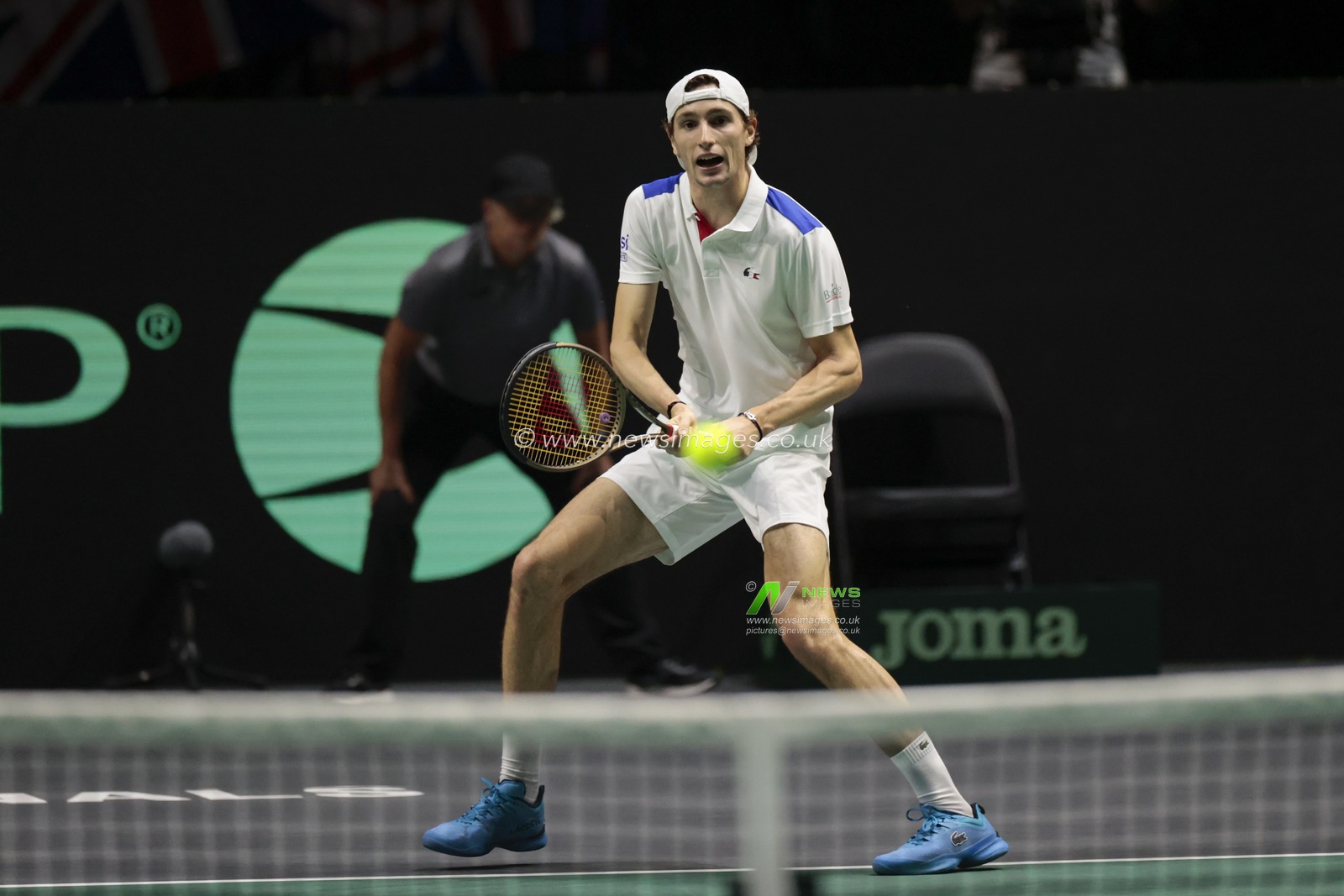 Ugo Humbert (FRA) in action in his match against Cameron Norrie (GBR) during the Davis Cup match Great Britain vs France at Manchester AO Arena, Manchester, United Kingdom, 17th September 2023

(Photo by Conor Molloy/News Images)