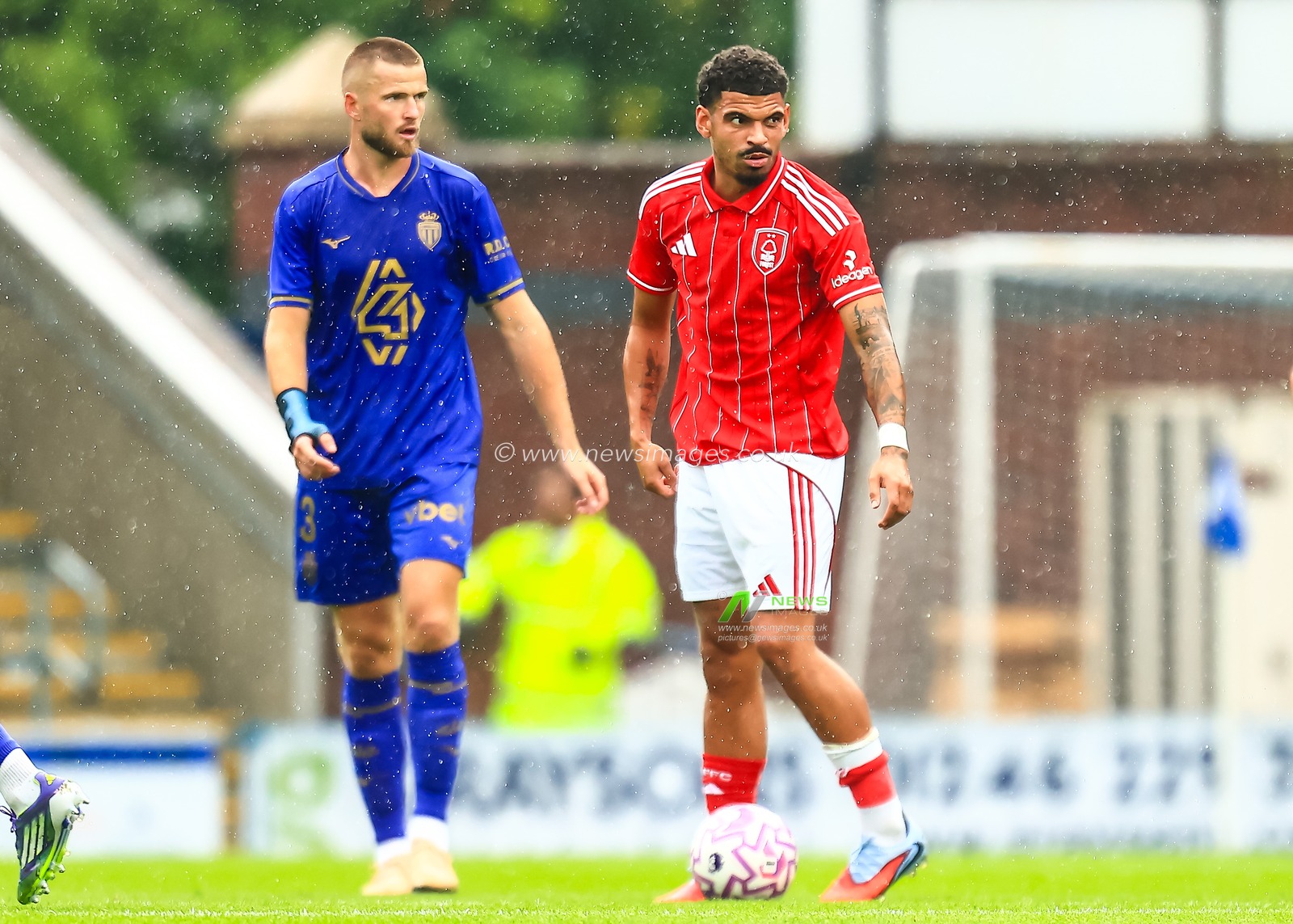 Morgan Gibbs-White of Nottingham Forest and Eric Dier of Monaco during the Pre-season friendly match Nottingham Forest vs Monaco at SMH Group Stadiumact Stadium, Chesterfield, United Kingdom, 19th July 2025

(Photo by Richard Bierton/News Images)