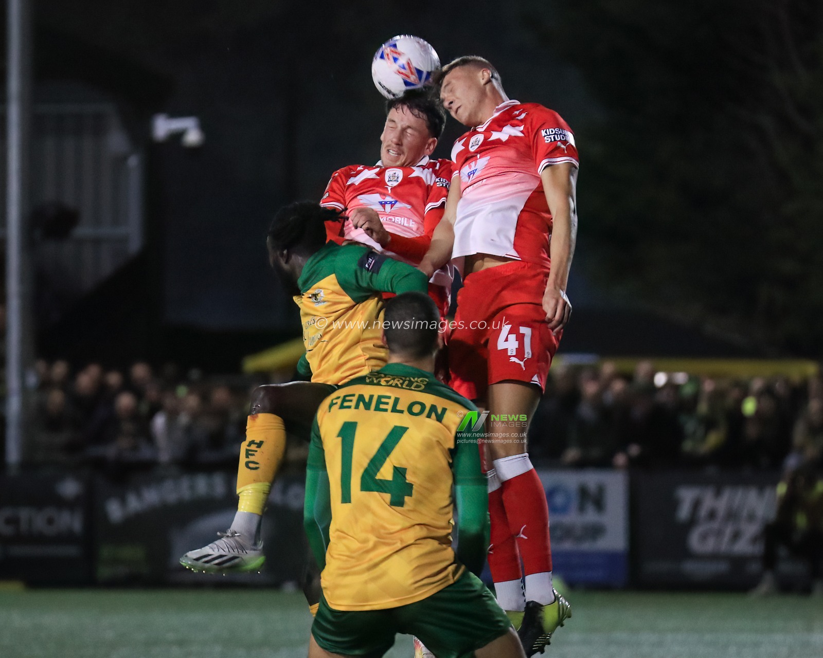 Jack Shepherd #41 of Barnsley and MaÃ«l de Gevigney #6 of Barnsley jump up to win the high ball during the Emirates FA Cup match Horsham FC vs Barnsley at The Camping World Community Stadium, Horsham, United Kingdom, 14th November 2023

(Photo by Alfie Cosgrove/News Images)