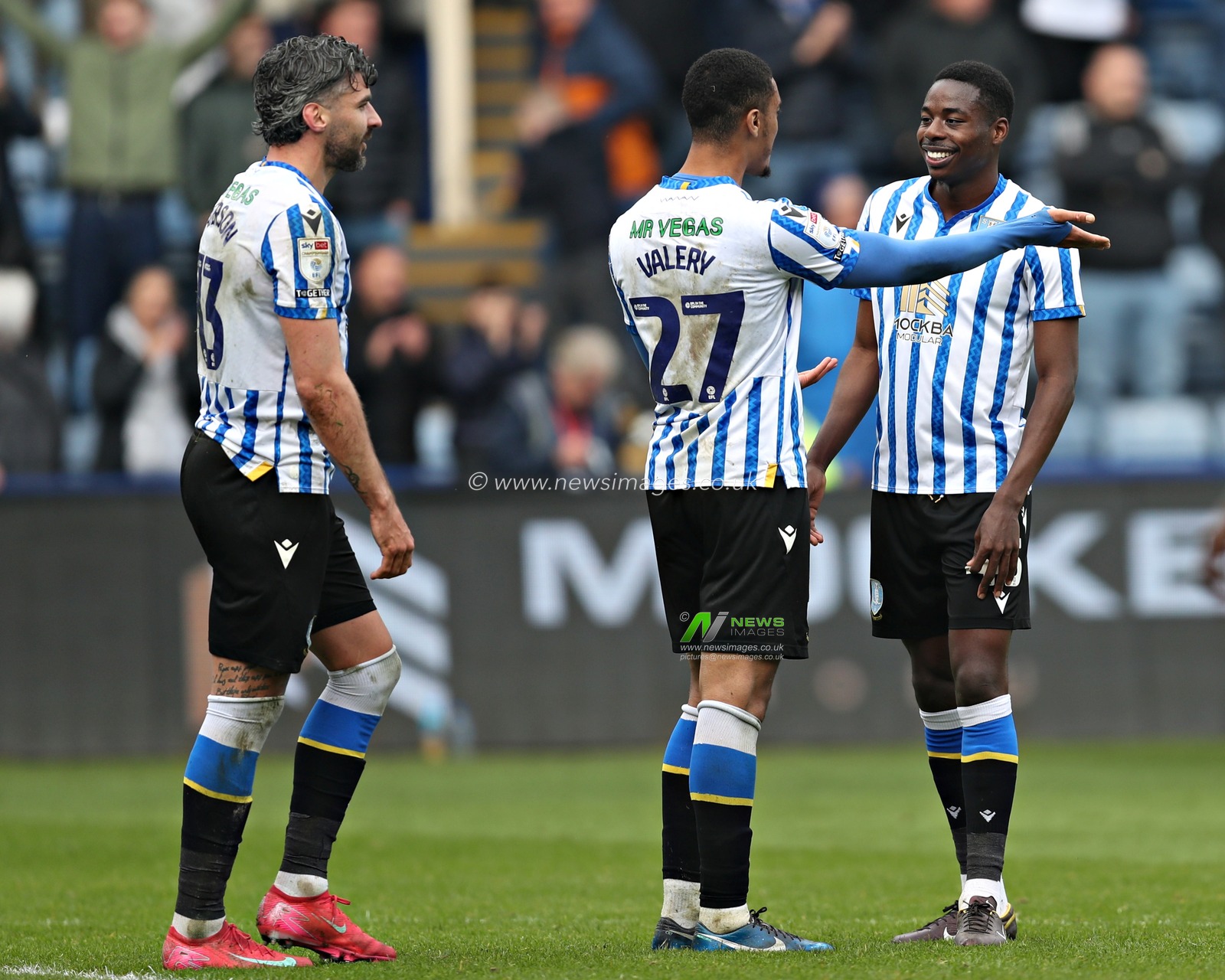 Yan Valery of Sheffield Wednesday and Anthony Musaba of Sheffield Wednesday celebrate after the Sky Bet Championship match Sheffield Wednesday vs Middlesbrough at Hillsborough, Sheffield, United Kingdom, 21st April 2025

(Photo by Sam Eaden/News Images)