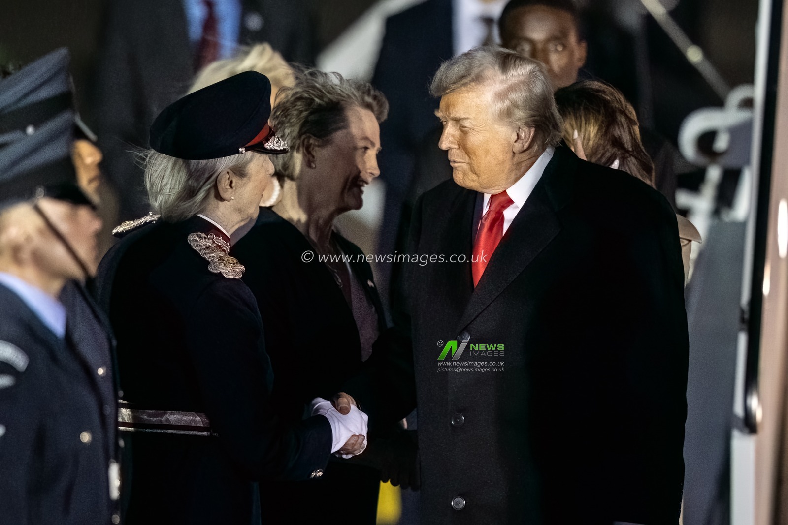 President Donald trump shakes hands with people as the airforce one lands at London Stansted Airport during his state visit to the United Kingdom at London Stansted Airport, Stansted, United Kingdom, 16th September 2025

(Photo by Alfie Cosgrove/News Images)