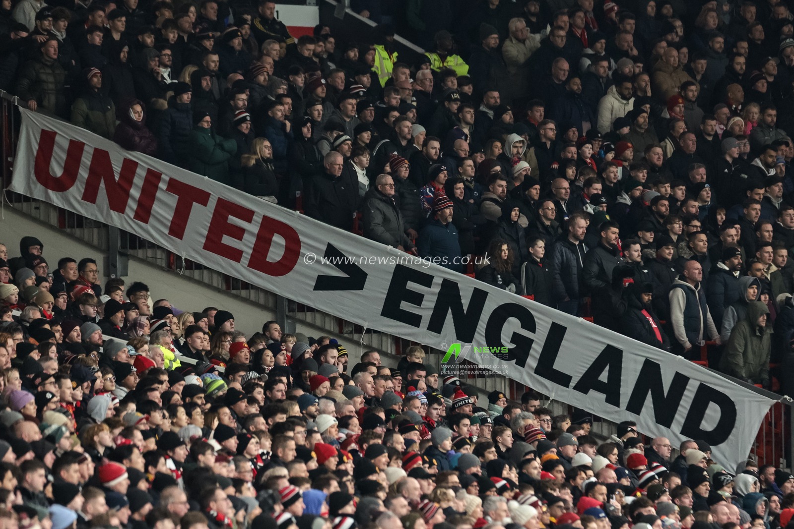 United England banner during the Premier League match Manchester United vs Wolverhampton Wanderers at Old Trafford, Manchester, United Kingdom, 30th December 2025

(Photo by Mark Cosgrove/News Images)

*** GER AUT SUI OUT ***