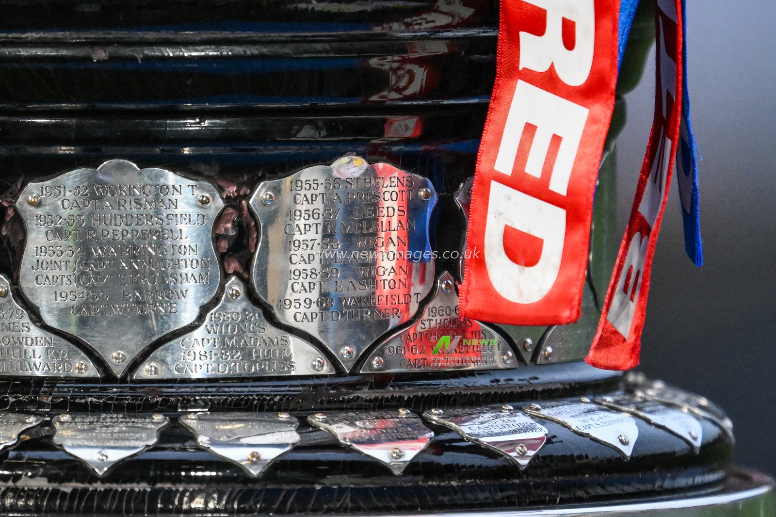 Details on the Challenge Cup trophy which is on show before of the challenge cup draw ahead of the Betfred Super League Round 1 match St Helens vs Salford Red Devils at Totally Wicked Stadium, St Helens, United Kingdom, 15th February 2025

(Photo by Craig Thomas/News Images)