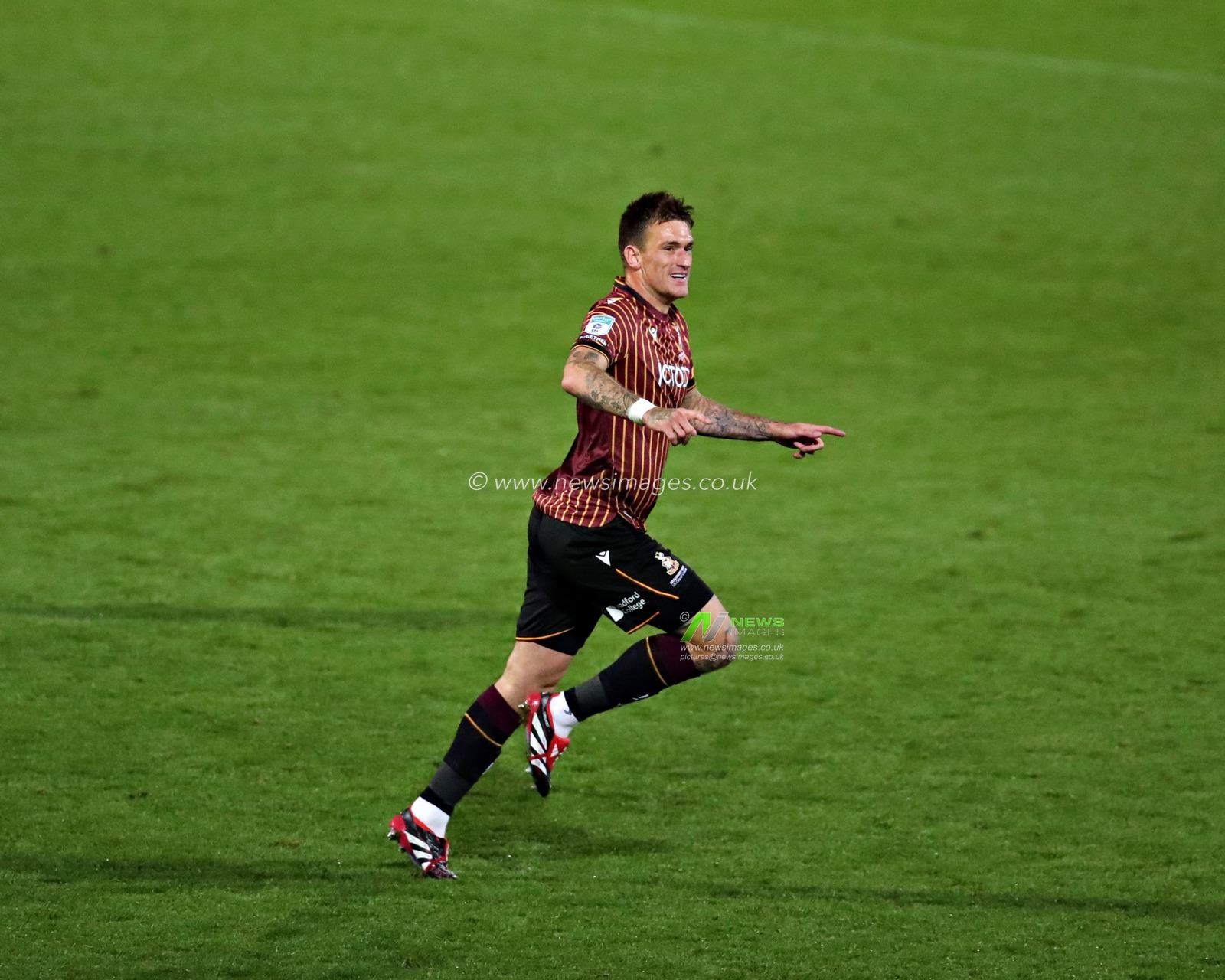 Andy Cook of Bradford City celebrates his first goal during The Vertu Trophy match Bradford City vs Grimsby Town at University of Bradford Stadium, Bradford, United Kingdom, 2nd September 2025(Photo by Sam Eaden/News Images)