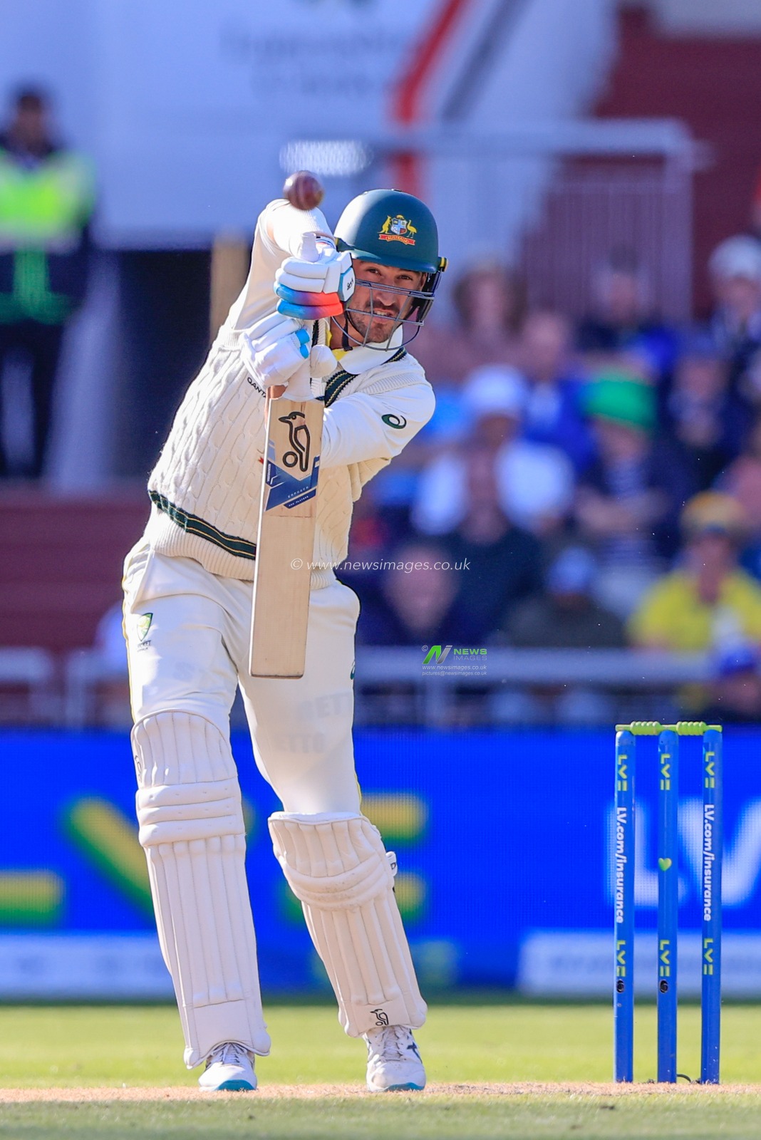 Mitchell Starc of Australia plays a shot during the LV= Insurance Ashes Fourth Test Series Day One England vs Australia at Old Trafford, Manchester, United Kingdom, 19th July 2023

(Photo by Conor Molloy/News Images)