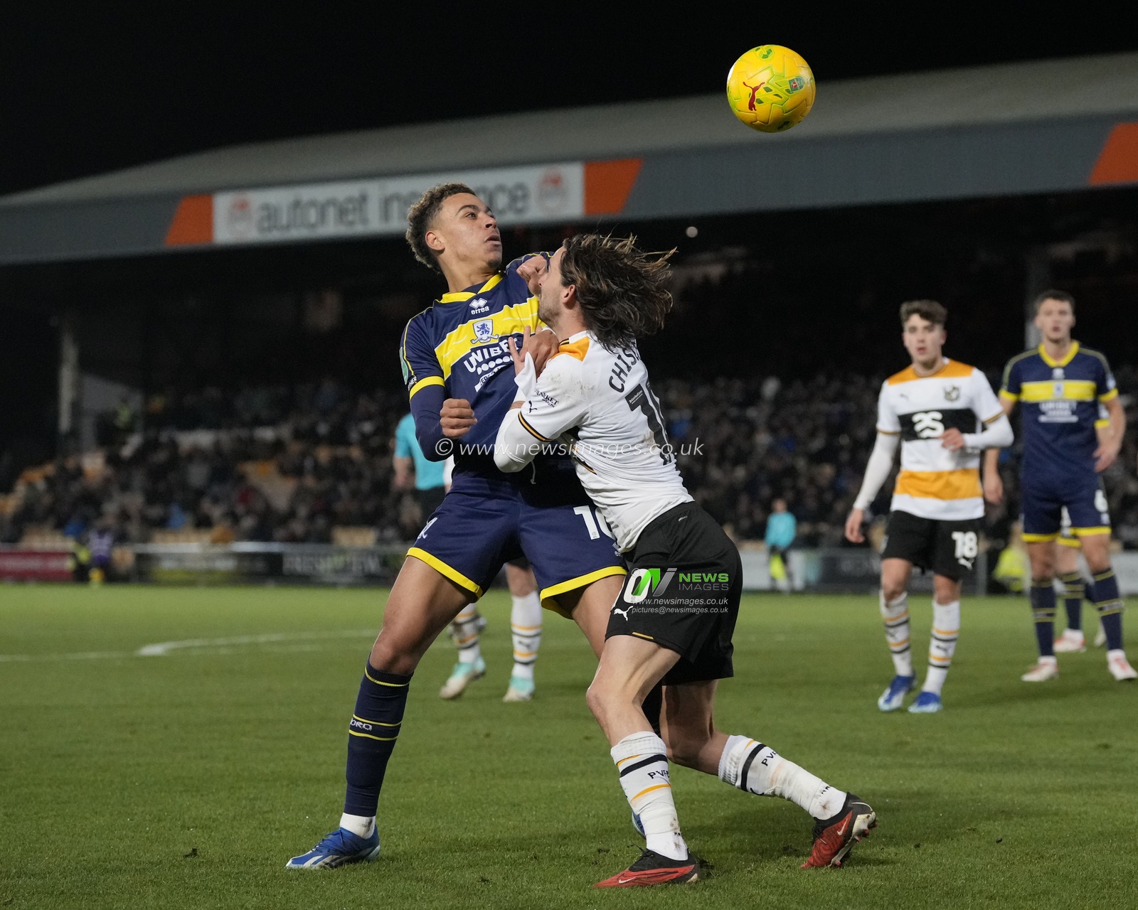 Ethan Chislett #10 of Port Vale competes for the ball with Morgan Rogers #10 of Middlesbrough during the Carabao Cup Quarter Final match Port Vale vs Middlesbrough at Vale Park, Burslem, United Kingdom, 19th December 2023

(Photo by Steve Flynn/News Images)