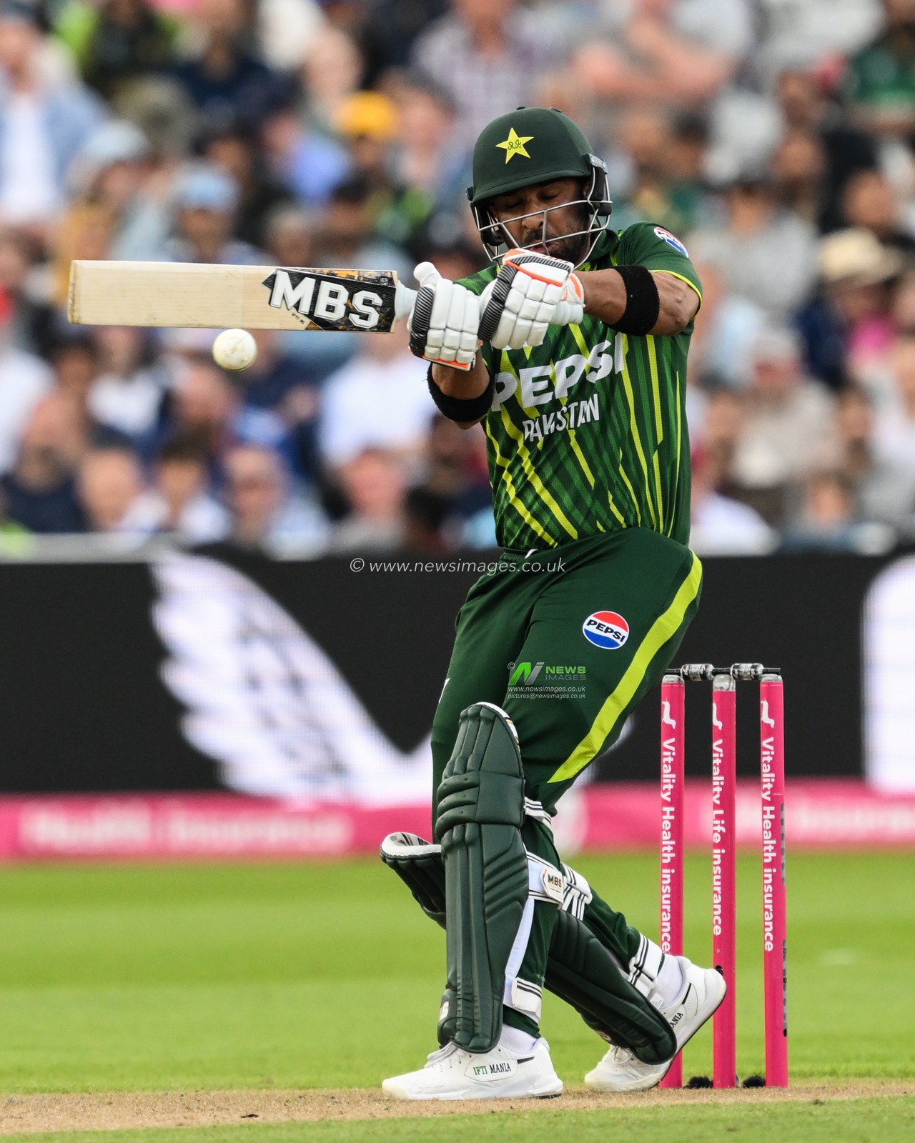 Iftikhar Ahmed of Pakistan hits a single during the Vitality T20 International Series match England vs Pakistan at Edgbaston, Birmingham, United Kingdom, 25th May 2024

(Photo by Craig Thomas/News Images)