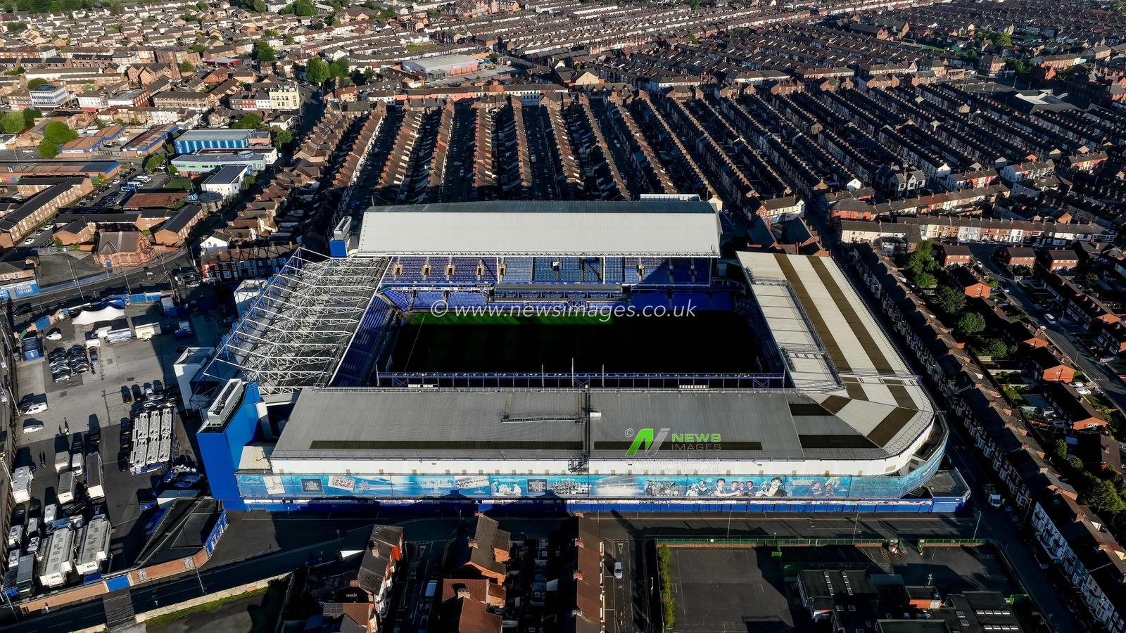 An aerial view of Goodison Park as Everton Football Club prepare to play their last ever professional game of football at the ground ahead of their move to Bromley Moore during the Premier League match Everton vs Southampton at Goodison Park, Liverpool, United Kingdom, 18th May 2025

(Photo by Mark Cosgrove/News Images)