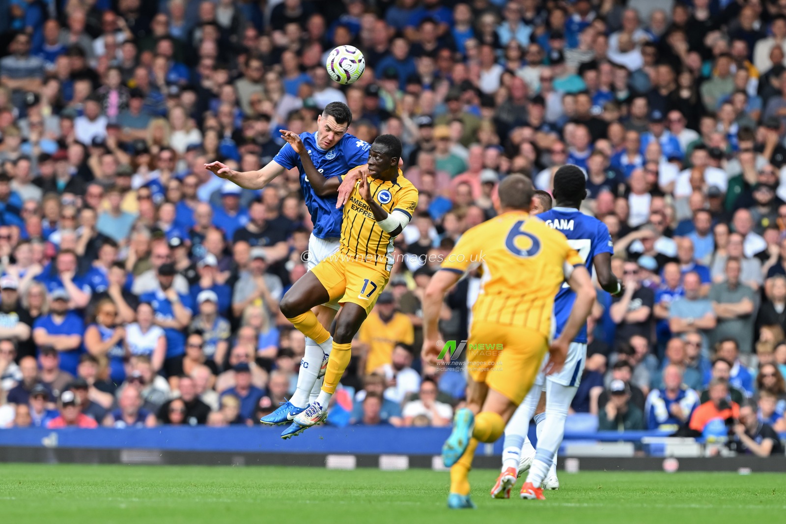 Michael Keane of Everton wins an aerial duel with Yankuba Minteh of Brighton & Hove Albion during the Premier League match Everton vs Brighton and Hove Albion at Goodison Park, Liverpool, United Kingdom, 17th August 2024

(Photo by Cody Froggatt/News Images)