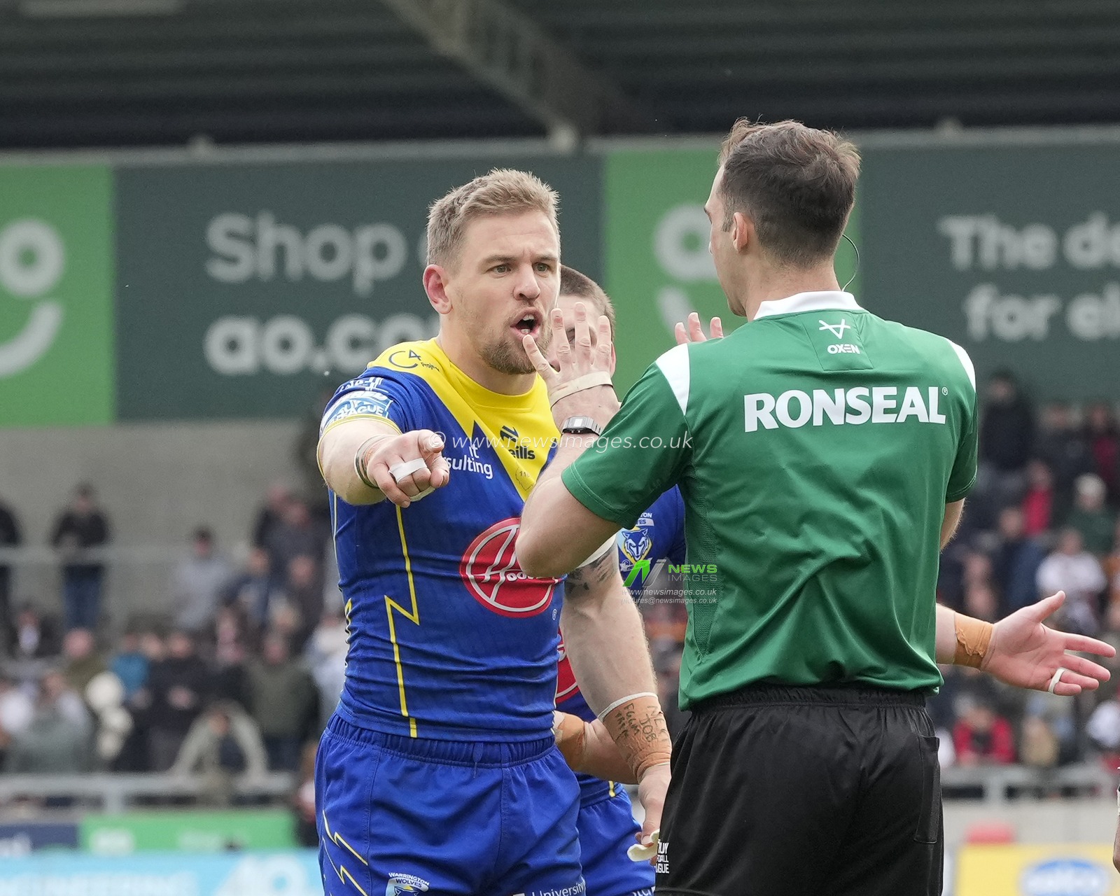 Matt Dufty of Warrington Wolves appeals to Referee James Vella after a decision during the Betfred Super League Round 9 match Salford Red Devils vs Warrington Wolves at Salford Community Stadium, Eccles, United Kingdom, 27th April 2024

(Photo by Steve Flynn/News Images)