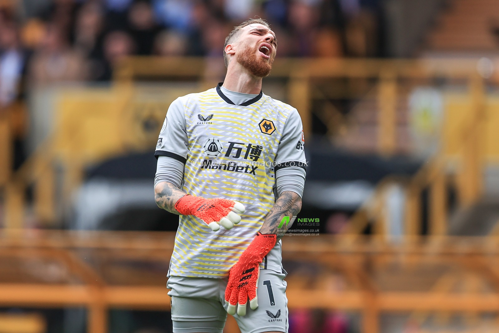 Jose Sa #1 of Wolverhampton Wanderers reacts after Adama Traore #37 of Wolverhampton Wanderers  misses a shot on goal