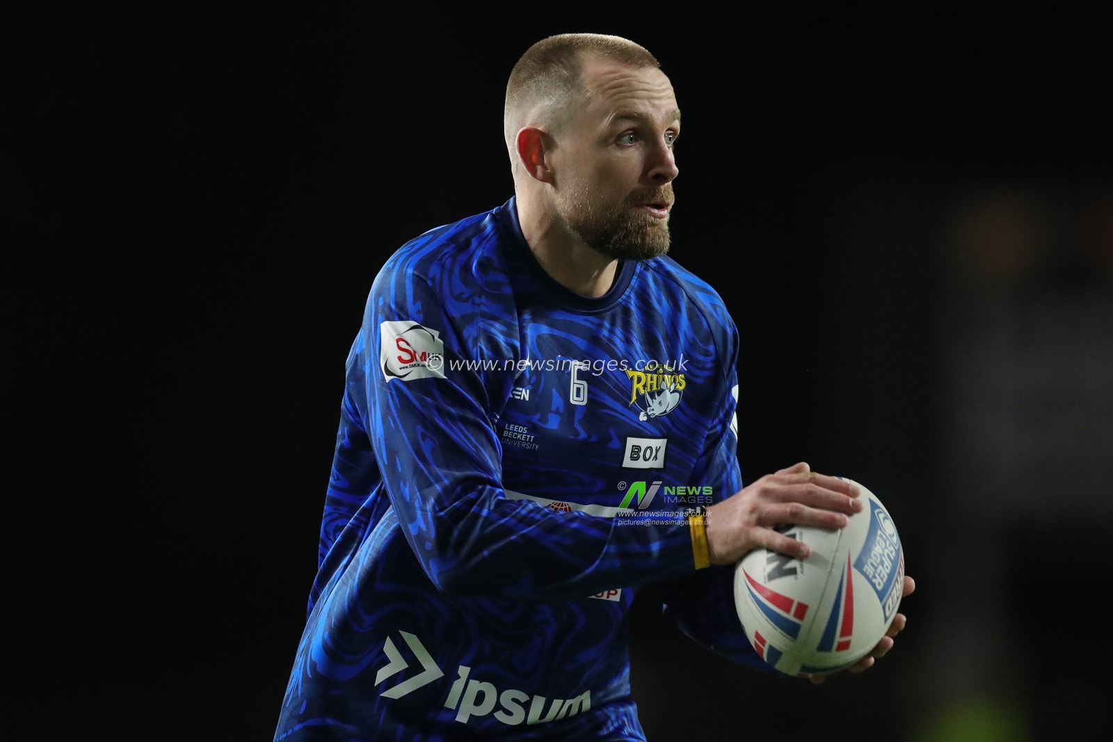 Blake Austin #6 of Leeds Rhinos during the pre match warm up ahead of the Betfred Super League Round 2 match Leeds Rhinos vs Hull FC at Headingley Stadium, Leeds, United Kingdom, 24th February 2023

(Photo by James Heaton/News Images)