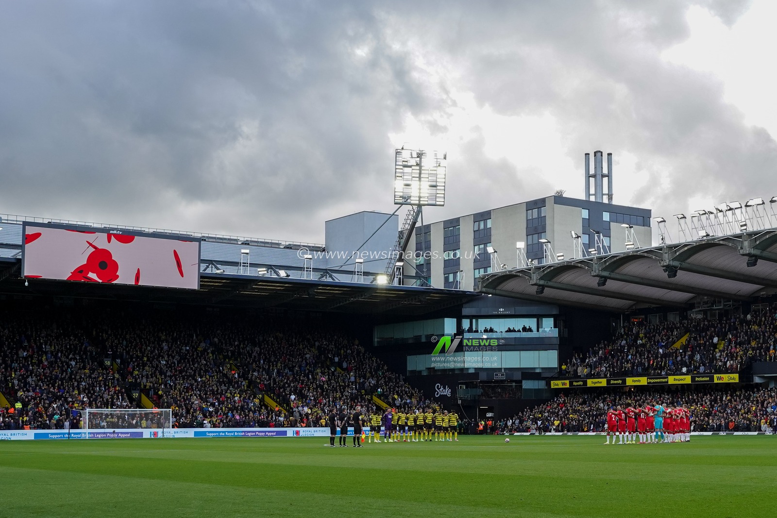 Watford and Southampton stand at the centre circle while the Last Post is played in support of the Royal British Legions Poppy Appeal