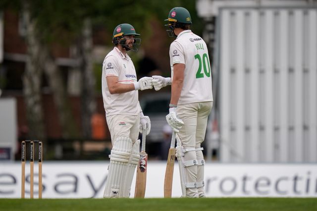 Stephen Eskinazi and Josh Hull pump fists after Eskinazi scores a 100 during the County Championship Division One day 3 Leicestershire vs Nottinghamshire at Grace Road, Leicester, United Kingdom on 03 May 2026

(Photo by Maynard Manyowa/News Images)
