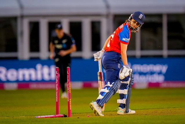 Maia Bouchier of England is bowled by Bree Illing of New Zealand during the England Women v New Zealand 1st Vitality IT20 match at The Central Co-Op County Ground, Derby, United Kingdom on 20 May 2026

(Photo by Maynard Manyowa/News Images)