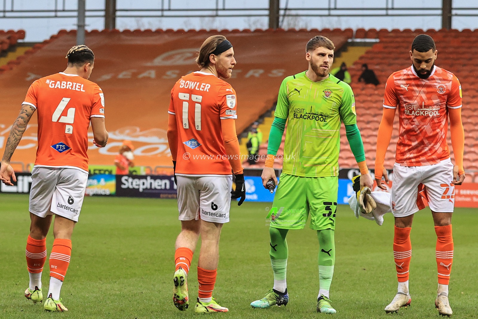 Jordan Lawrence-Gabriel #4 of Blackpool, Josh Bowler #11 of Blackpool, Daniel Grimshaw #32 of Blackpool and CJ Hamilton #22 of Blackpool