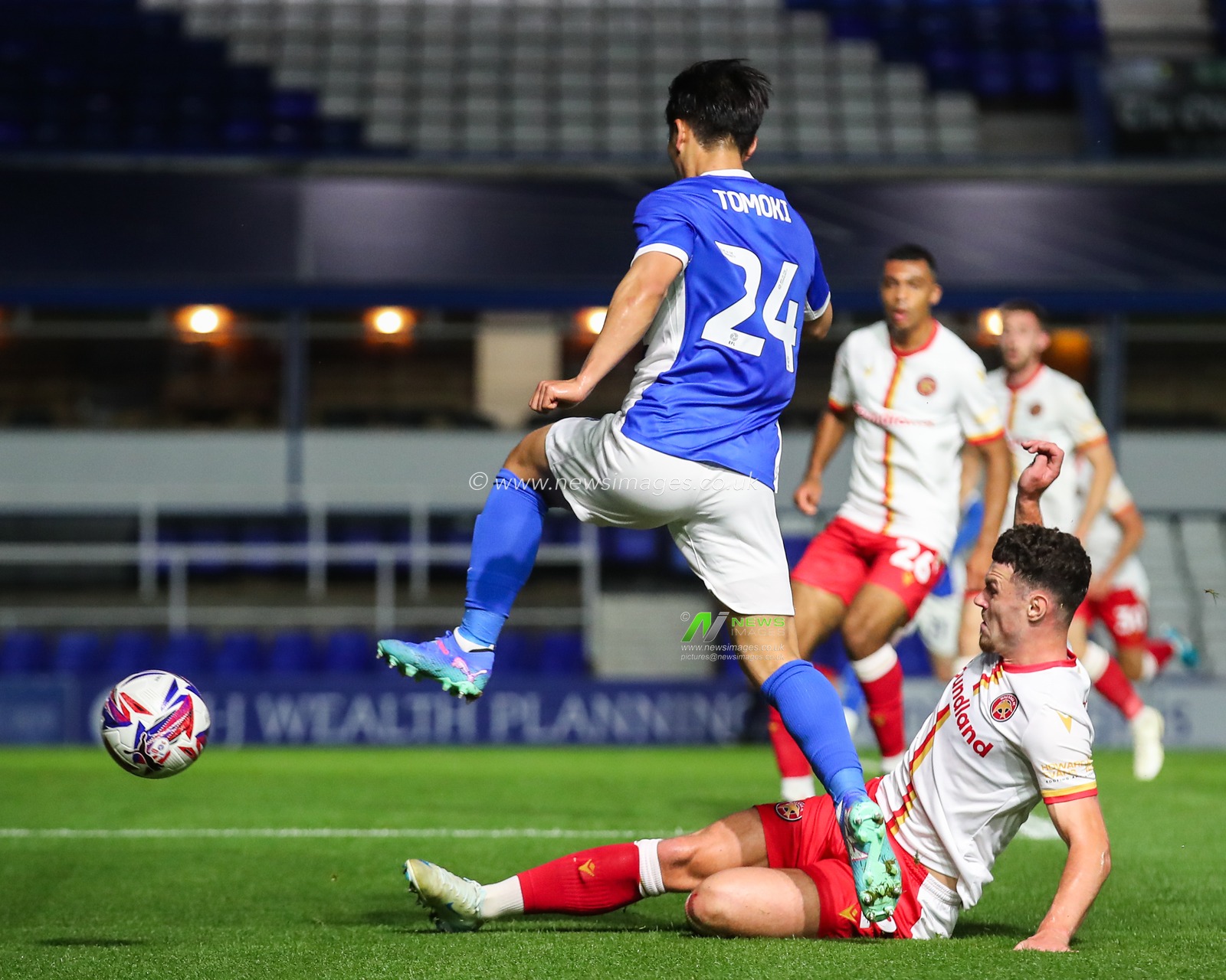 Connor Barrett of Walsall tackles Tomoki Iwata of Birmingham City during the Bristol Street Motors Trophy match Birmingham City vs Walsall at St. Andrew's @ Knighthead Park, Birmingham, United Kingdom, 3rd September 2024

(Photo by Gareth Evans/News Images)
