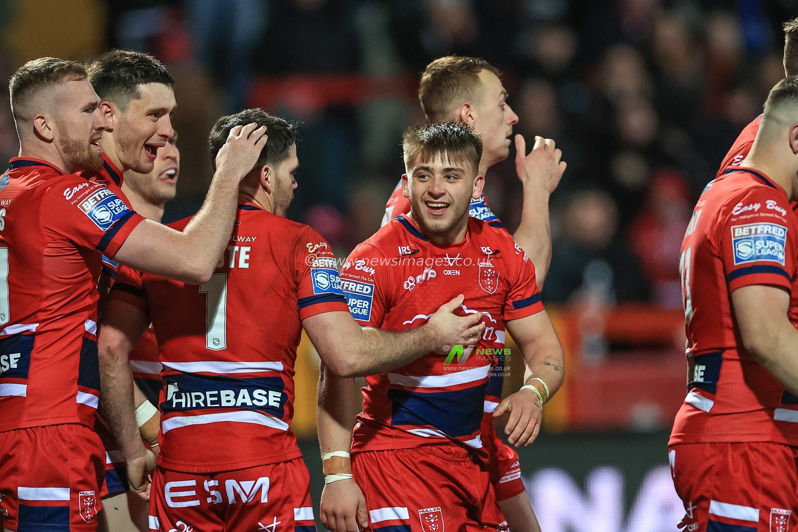 Mikey Lewis #20 of Hull KR celebrates his try