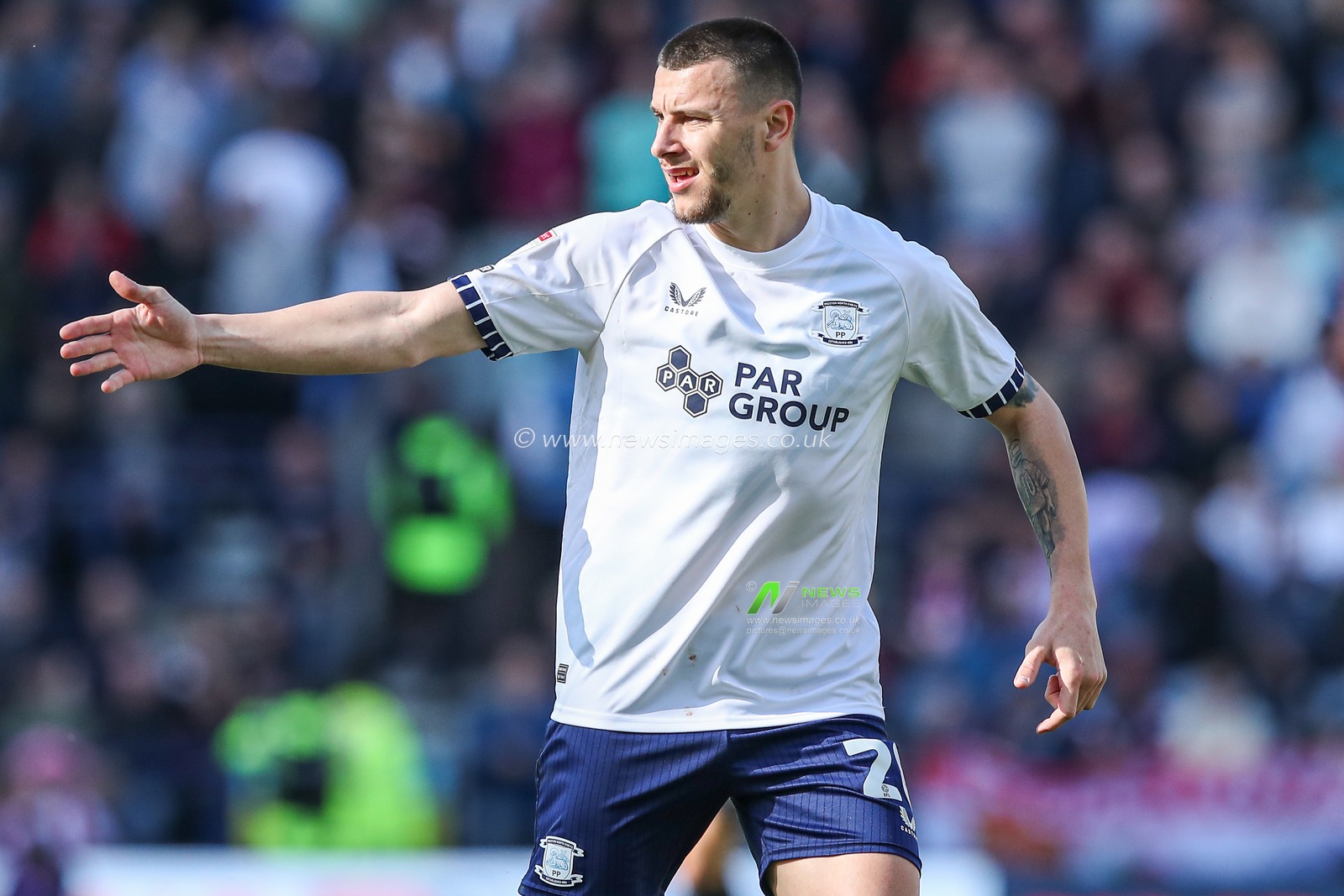 Milutin OsmajiÄ‡ of Preston North End during the Sky Bet Championship match Preston North End vs Stoke City at Deepdale, Preston, United Kingdom, 5th April 2025

(Photo by Jorge Horsted/News Images)