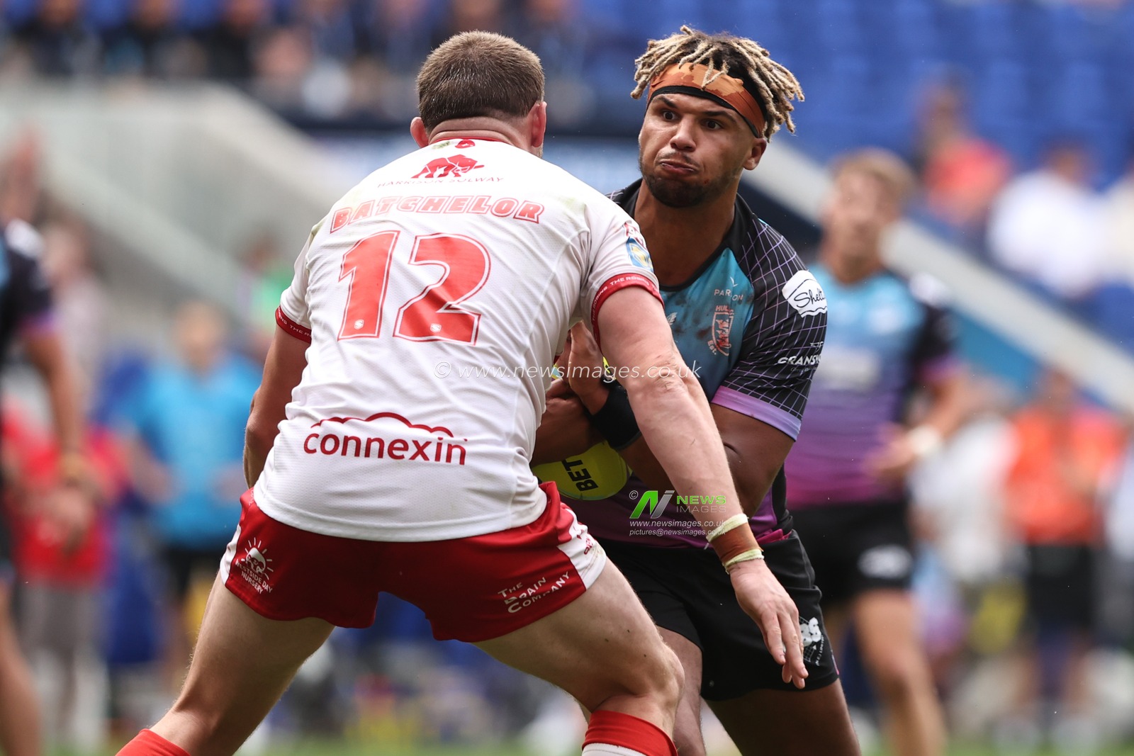 Hugo Salabio of Hull FC is tackled by James Batchelor of Hull KR during the Betfred Super League Magic Weekend match Hull KR vs Hull FC at Hill Dickinson Stadium, Liverpool, United Kingdom on 04 July 2026

(Photo by Alfie Cosgrove/News Images)