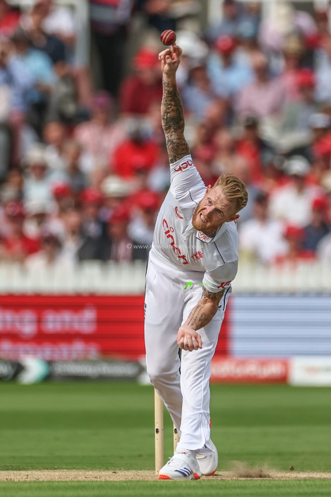 Ben Stokes of England delivers the ball during the Rothesay Test Match Day Two England v West Indies at Lords, London, United Kingdom, 11th July 2024

(Photo by Mark Cosgrove/News Images)