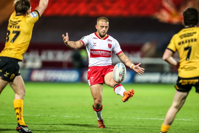 Mikey Lewis of Hull KR kicks the ball up field during the Betfred Super League round 10 match Hull KR vs Castleford Tigers at Sewell Group Craven Park, Hull, United Kingdom on 30 April 2026

(Photo by Alfie Cosgrove/News Images)