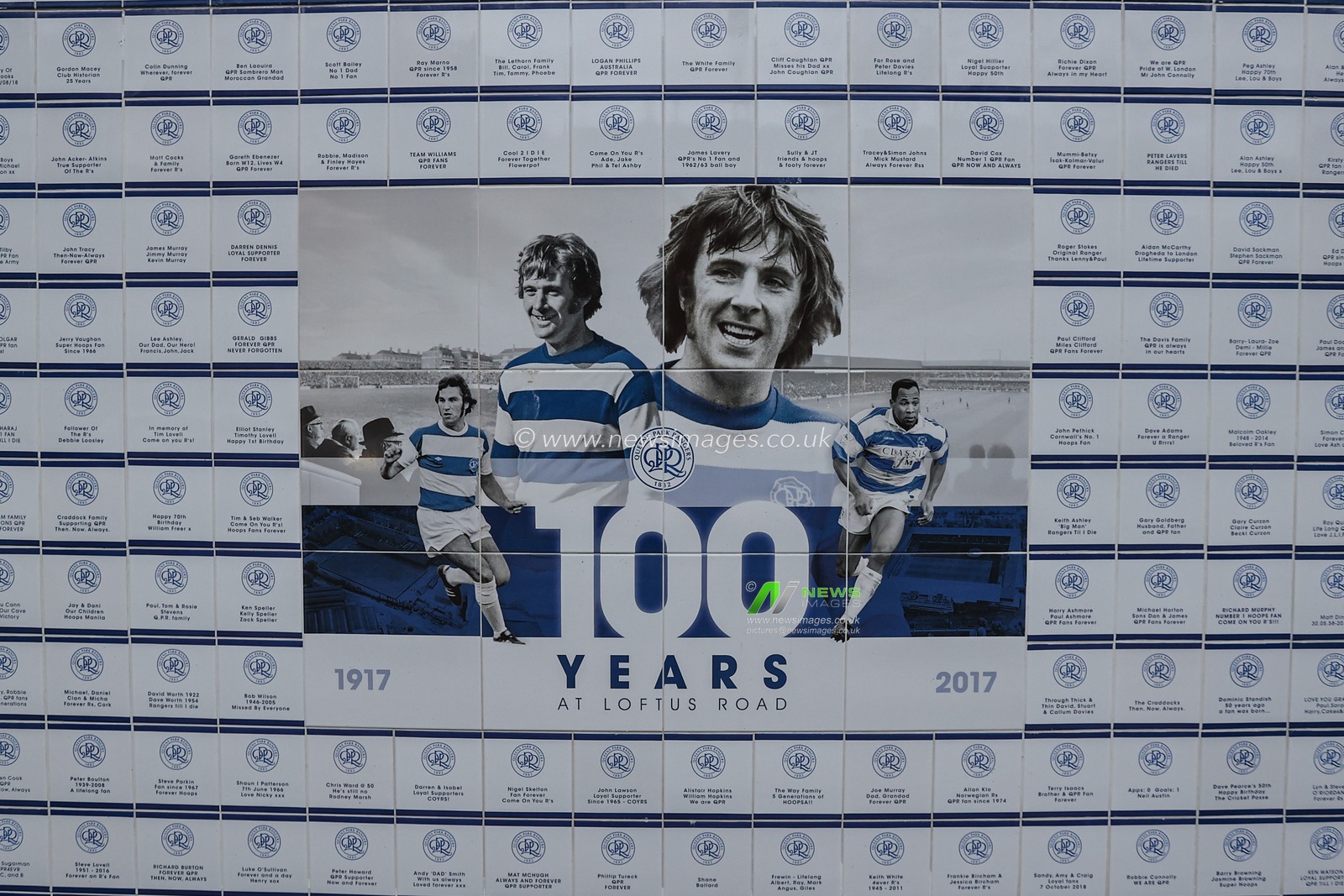 A tiles wall at Kiyan Prince Foundation Stadium, â€œ100 years at Loftus Roadâ€