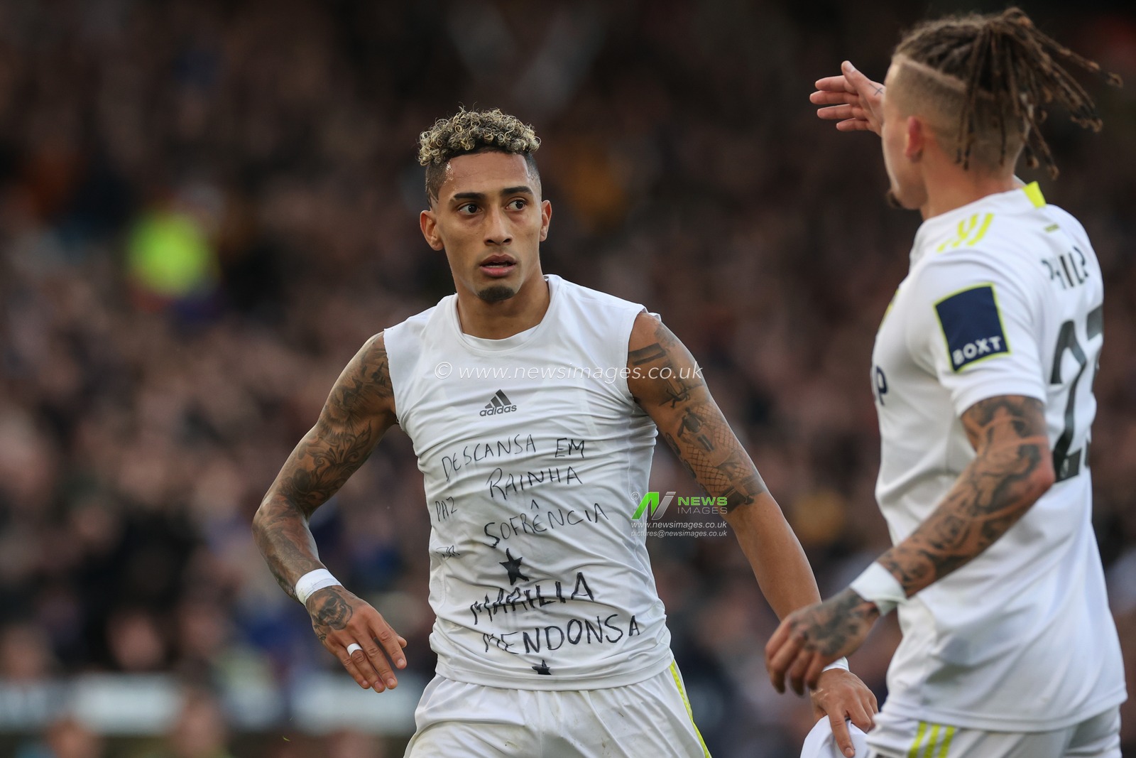 Raphinha #10 of Leeds United celebrates his goal to make it 1-0