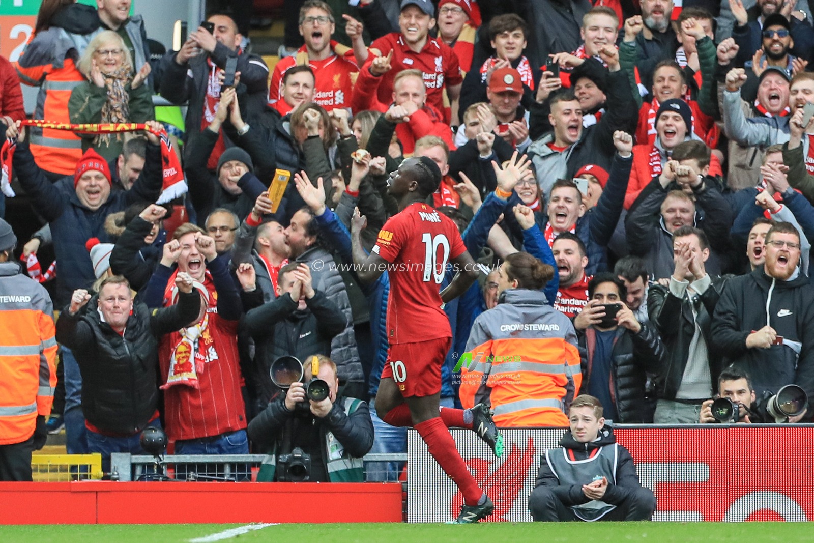 7th March 2020, Anfield, Liverpool, England; Premier League, Liverpool v Bournemouth : Sadio Mane (10) of Liverpool celebrates his goal to make it 1-1