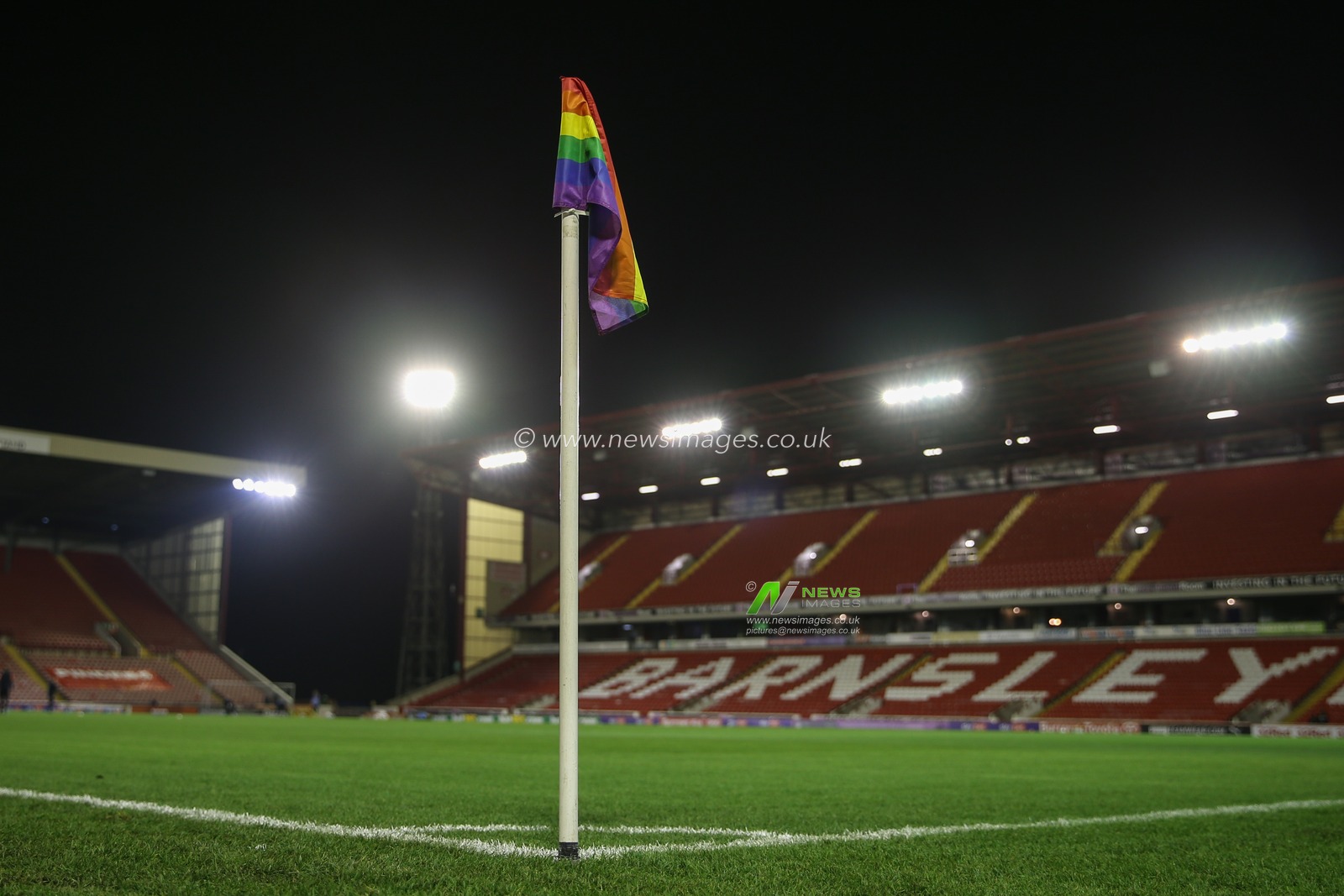 A Rainbow Laces corner flag is seen before the game at Oakwell