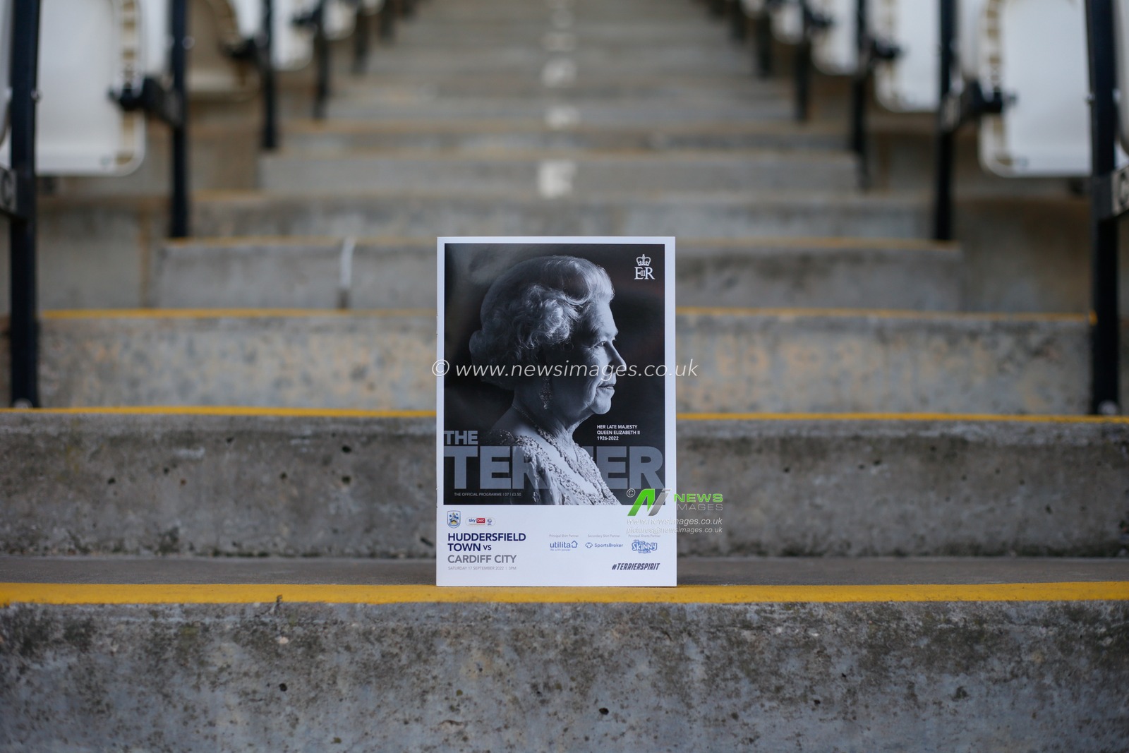 The Terrier match day programme with a memorial to her late Majesty Queen Elizabeth II on the front cover during the Sky Bet Championship match Huddersfield Town vs Cardiff City at John Smith's Stadium, Huddersfield, United Kingdom, 17th September 2022

(Photo by Ben Early/News Images)