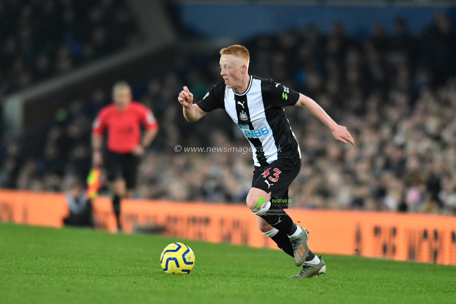 21st January 2020, Goodison Park, Liverpool, England; Premier League, Everton v Newcastle United : Matty Longstaff (43) of Newcastle United runs forward with the ball