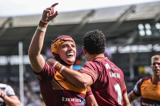 George Flanagan  of Huddersfield Giants celebrates his try during the Betfred Super League round 20 match Hull FC vs Huddersfield Giants at MKM Stadium, Hull, United Kingdom, 26th July 2025

(Photo by Alfie Cosgrove/News Images)
