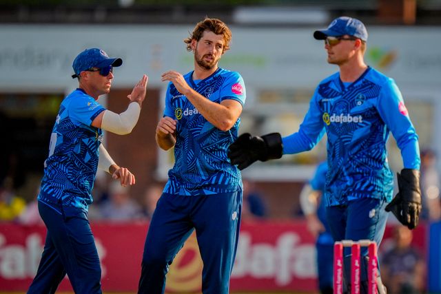 Ben Aitchison of Derbyshire celebrates the wicket of Alex Lees of Durham during the Vitality Blast T20 match between Derbyshire Falcons and Durham Cricket at The Central Co-Op County Ground, Derby, United Kingdom on 22 May 2026

(Photo by Maynard Manyowa/News Images)