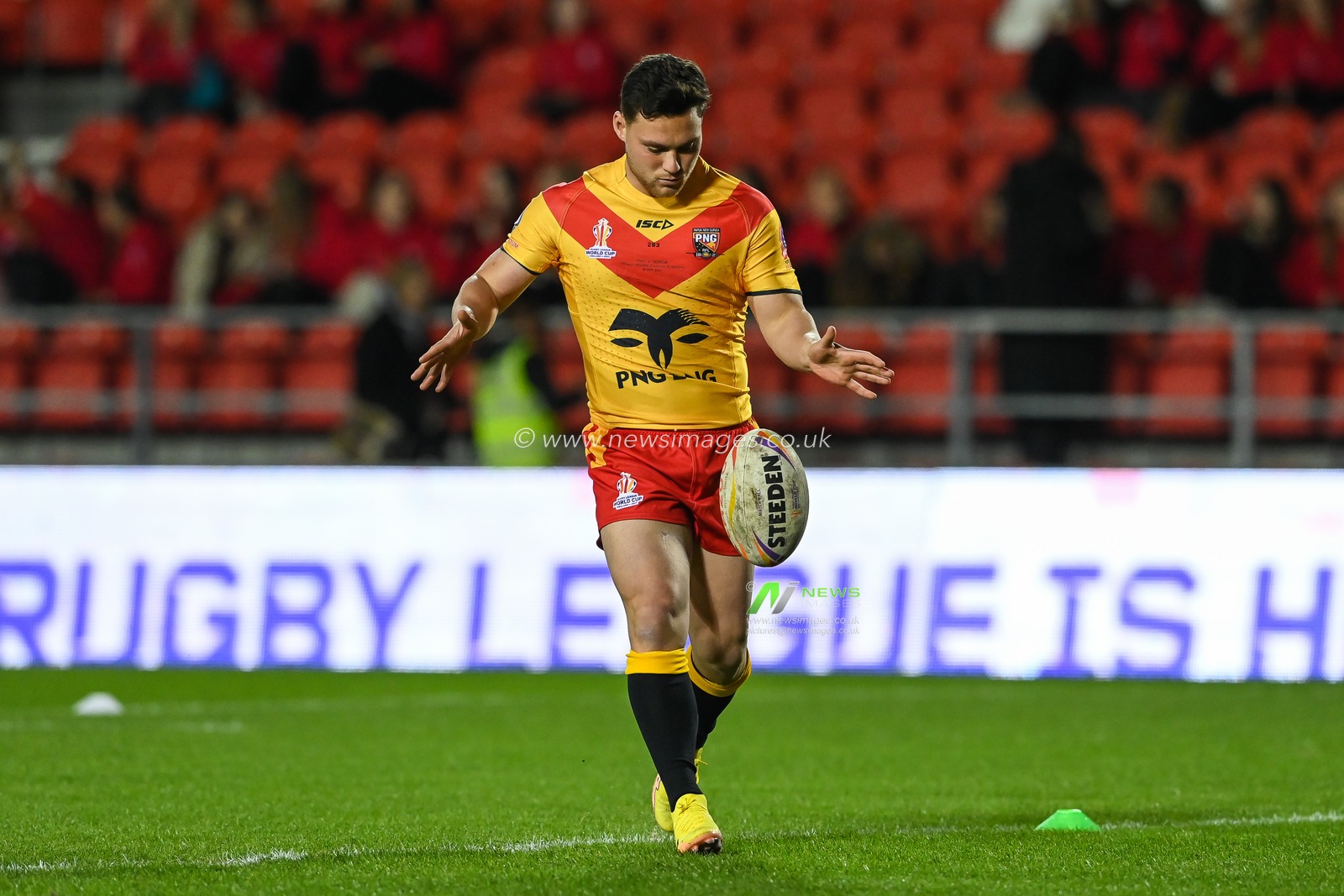 Lachlan Lam of Papua New Guinea during pre match warm up ahead of the Rugby League World Cup 2021 match Tonga vs Papua New Guinea at Totally Wicked Stadium, St Helens, United Kingdom, 18th October 2022

(Photo by Craig Thomas/News Images)