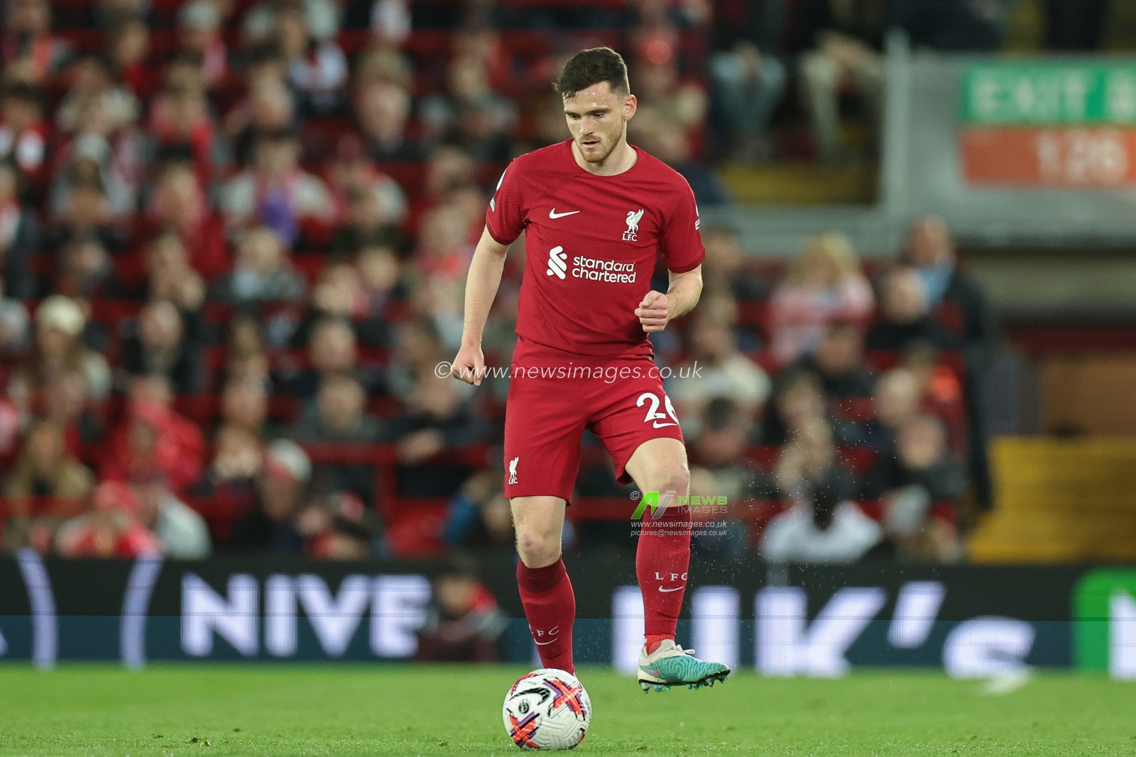 Andrew Robertson #26 of Liverpool controls the ball during the Premier League match Liverpool vs Fulham at Anfield, Liverpool, United Kingdom, 3rd May 2023

(Photo by Mark Cosgrove/News Images)
